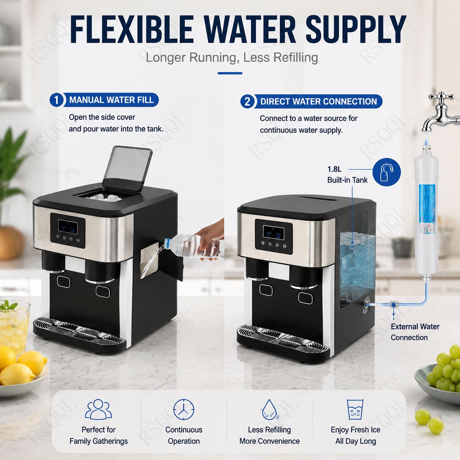 Máquina de hielo for encimera 3 en 1, acero inoxidable | Con ventana de visualización, produce cubitos de hielo, hielo triturado y agua fría, ciclo de 8 a 12 minutos.(Blue)