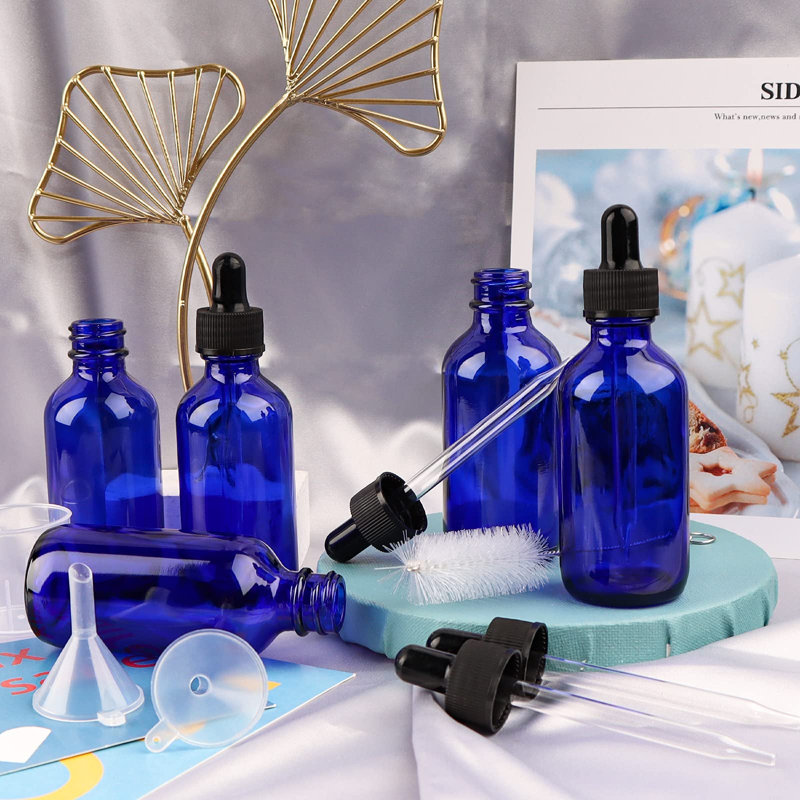 Zestaw 24 szklanych butelek o pojemności 56 ml ze szklanymi kroplomierkami do oczu na olejki eteryczne, perfumy i chemikalia laboratoryjne (szczotka, lejki, 2 dodatkowe zakraplacze, 36 etykiet