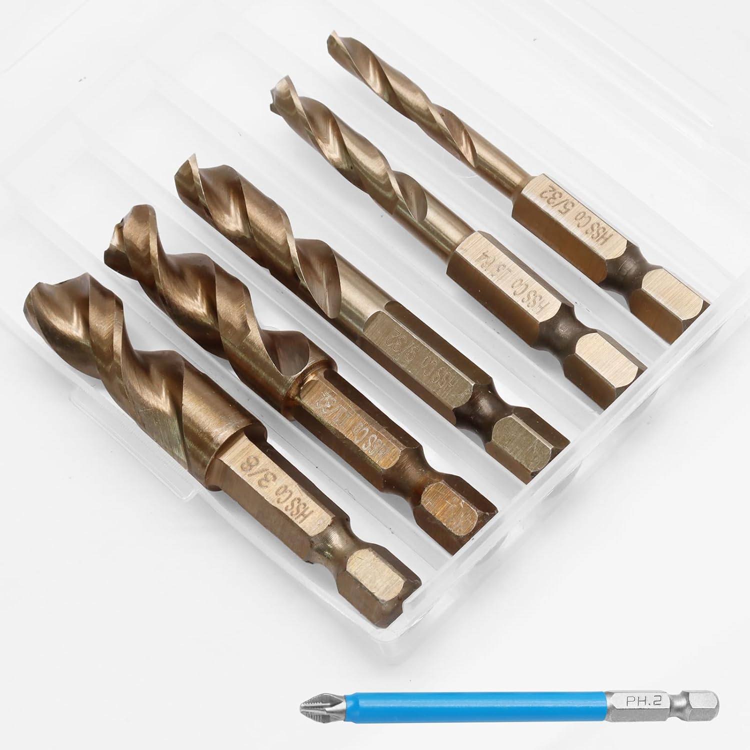 5 Pcs M35 Cobalt Stubby Drill Bit Set for Hard Metals and Stainless Steel, with 1/4" Hex Shank for Impact Drivers and Quick Chucks (5/32", 13/64", 9/32", 11/32", 3/8")