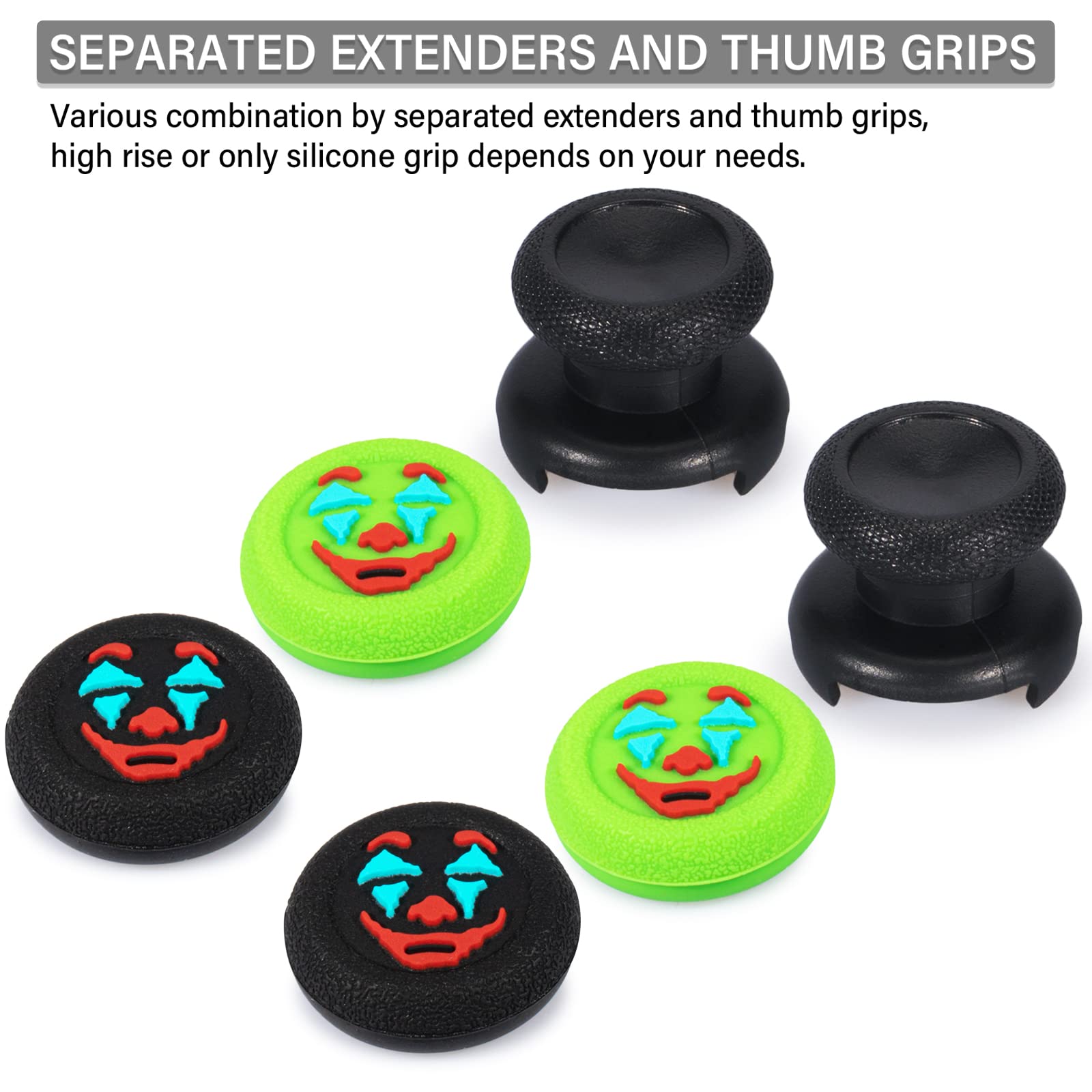 FPS Thumbstick Grip Agarres Pulgar Extensor x 2 Y Silicona Apretón Cubrir Grip x 4 para Xbox Series X/S & Xbox One Mando (Joker Verde Negro)