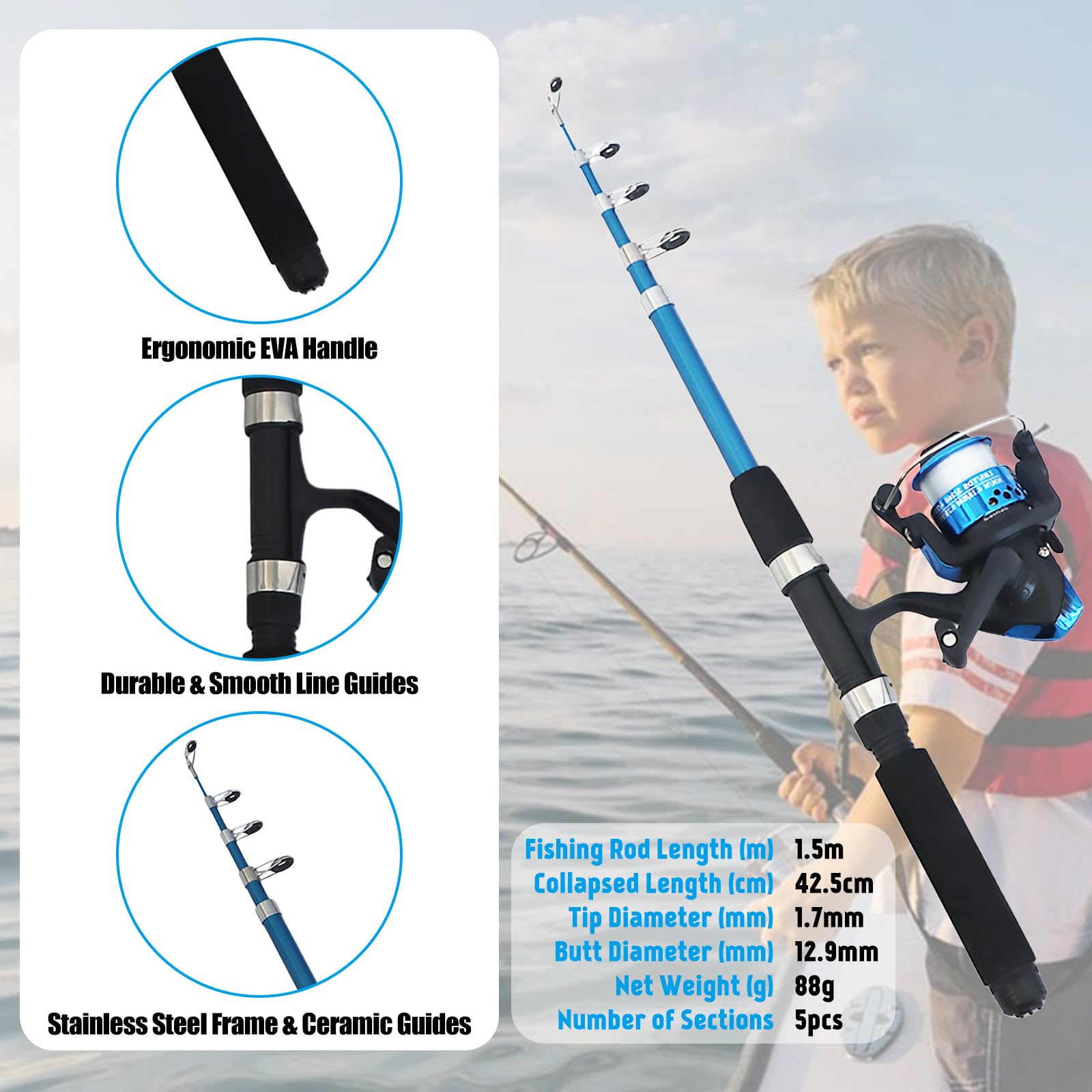 Canne à Pêche Enfant 1,5 m, Kit de Pêche Complet avec Moulinet, Boîte d’Appâts Bleu B, Canne à Télescopique et Sac de Transport