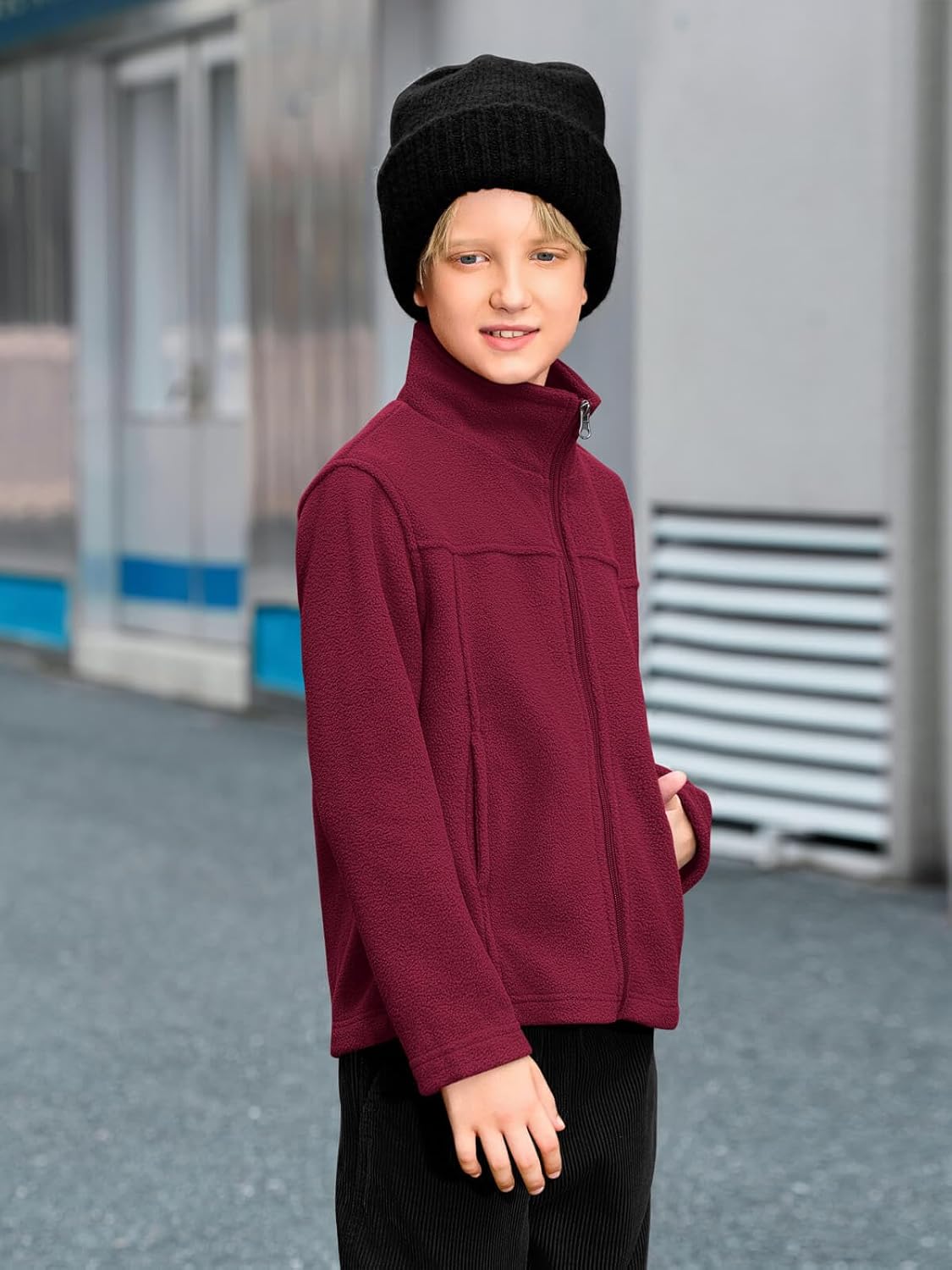 Haloumoning Boys Zip Up Fleece Jacket Kids Lightweight Outerwear Long Sleeve Mock Neck Coat with Pockets 5-14Y - Image 3