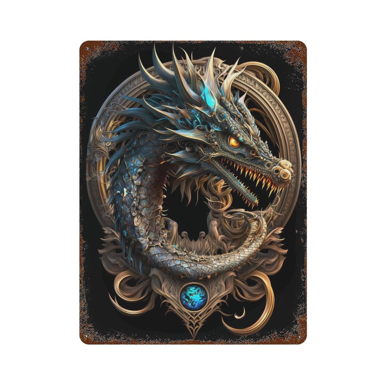 Garage Style Mystical Cosmic Dragon Rusty Metal Tin Sign 15.7"x11.8", Novelty Wall Decor for Bar And Workshop