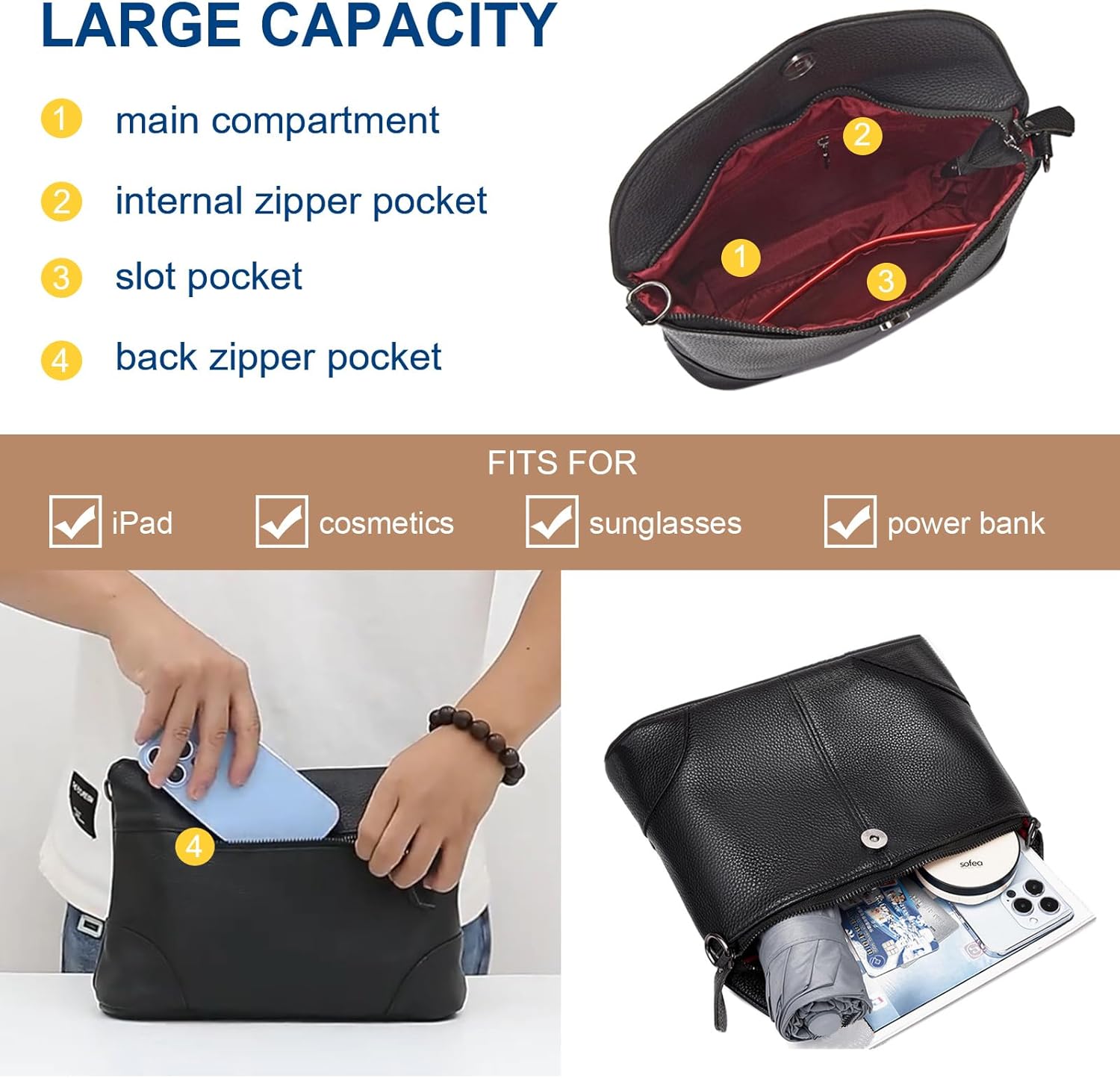 Genuine Leather Crossbody Bags for Women Medium Shoulder Purses Clutch Purses - Image 3