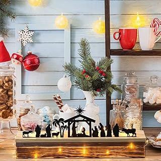 1 juego de belén para árbol de Navidad, decoración de Navidad, para interiores, de metal, color negro, con base de madera, para decoración de mesa de Navidad