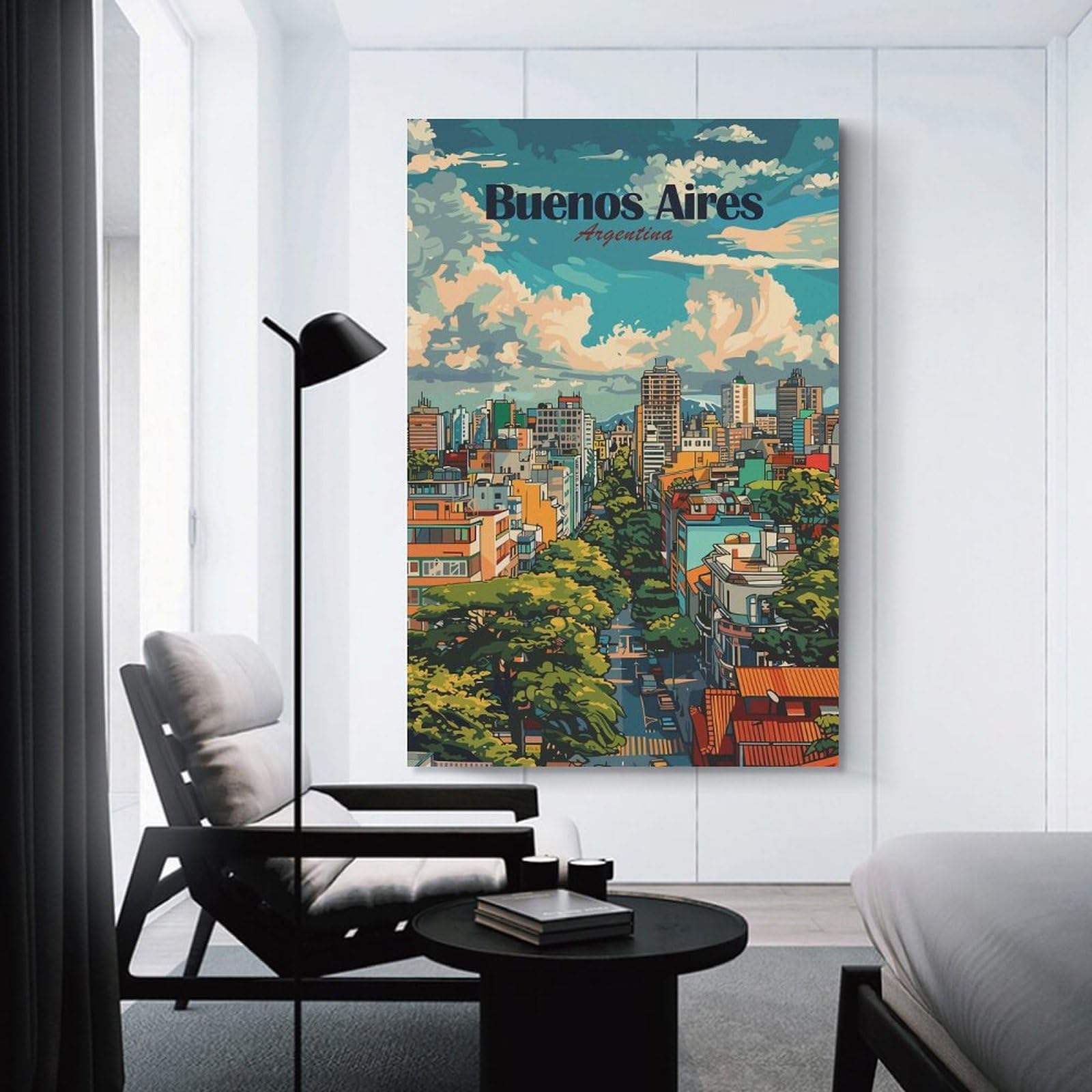 Junmoney Hanging Wall Art Buenos Aires Argentina Cityscape Illustration, 24x36inch(60x90cm), for Work Areas, Reading Rooms Or Studios, Wall Art That Adds Style to Work Areas