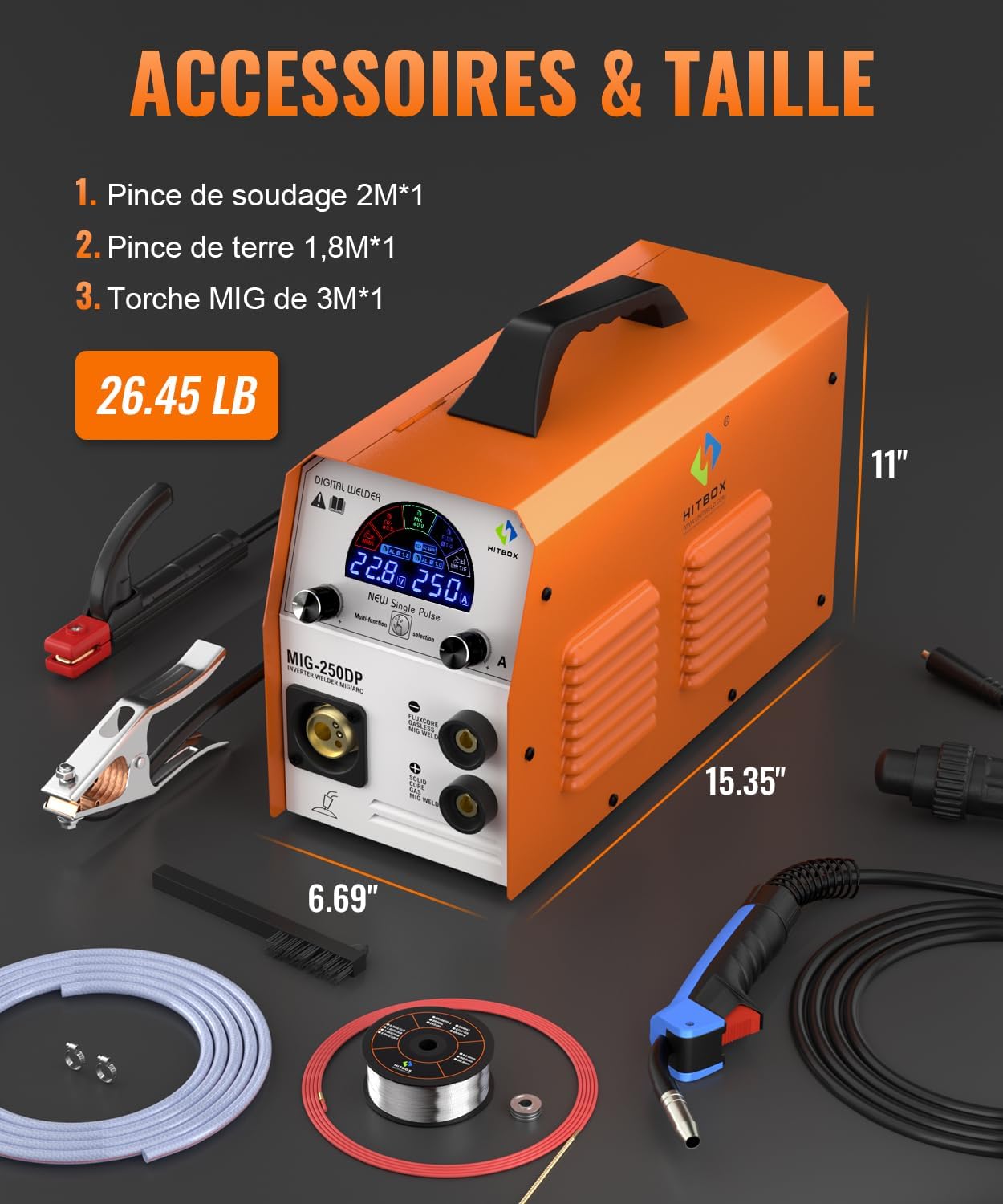 HITBOX MIG250DP welder with included accessories: welding clamp, ground clamp, MIG torch, wire wheel, welding wire, graphite sheath, gas tube, and instruction manual.