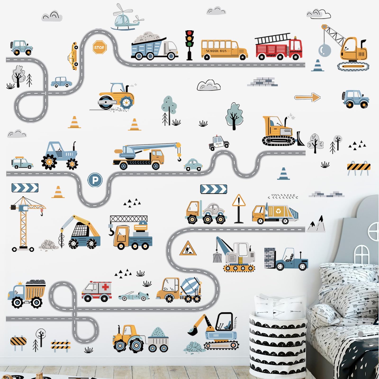 decalmile Vehicles Road Transportation Wall Stickers Construction Cars Wall Decals Boy Bedroom Teenagers Playroom Wall Decor