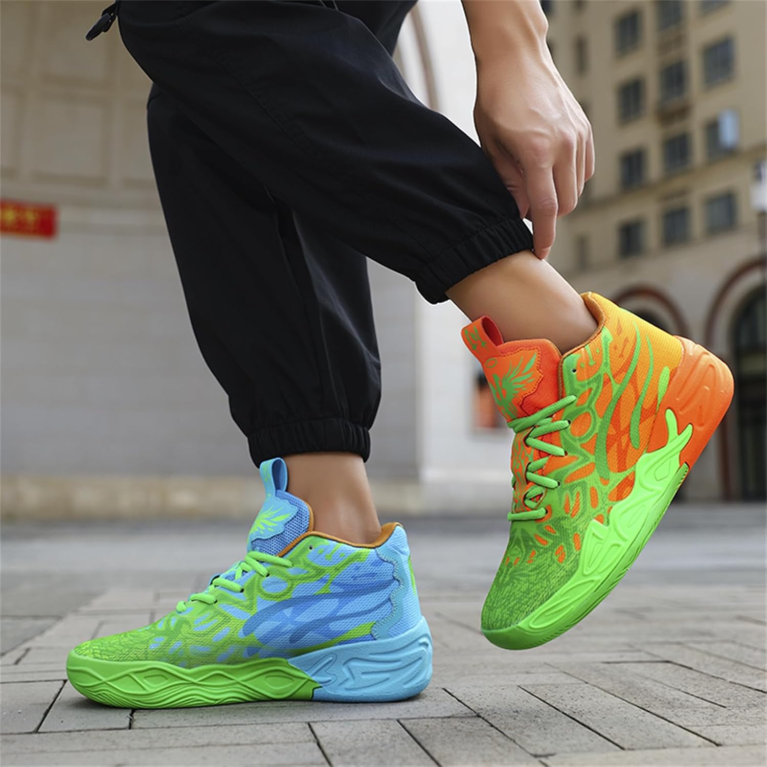 Men's Multicolour High Top Lace Up Breathable Mesh Upper Basketball Shoes with Vibrant Fluorescent Gradient Design Comfort for Basketball Training Court Games Tennis Volleyball Athletic Activities