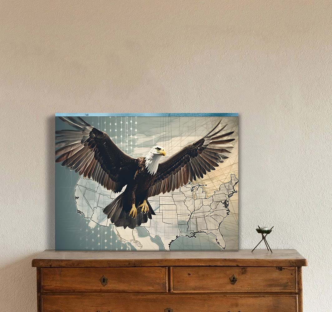 American Map Wall Art Canvas Paintings Flying Eagle Artwork Framed Ready to Hang-24x18 inches