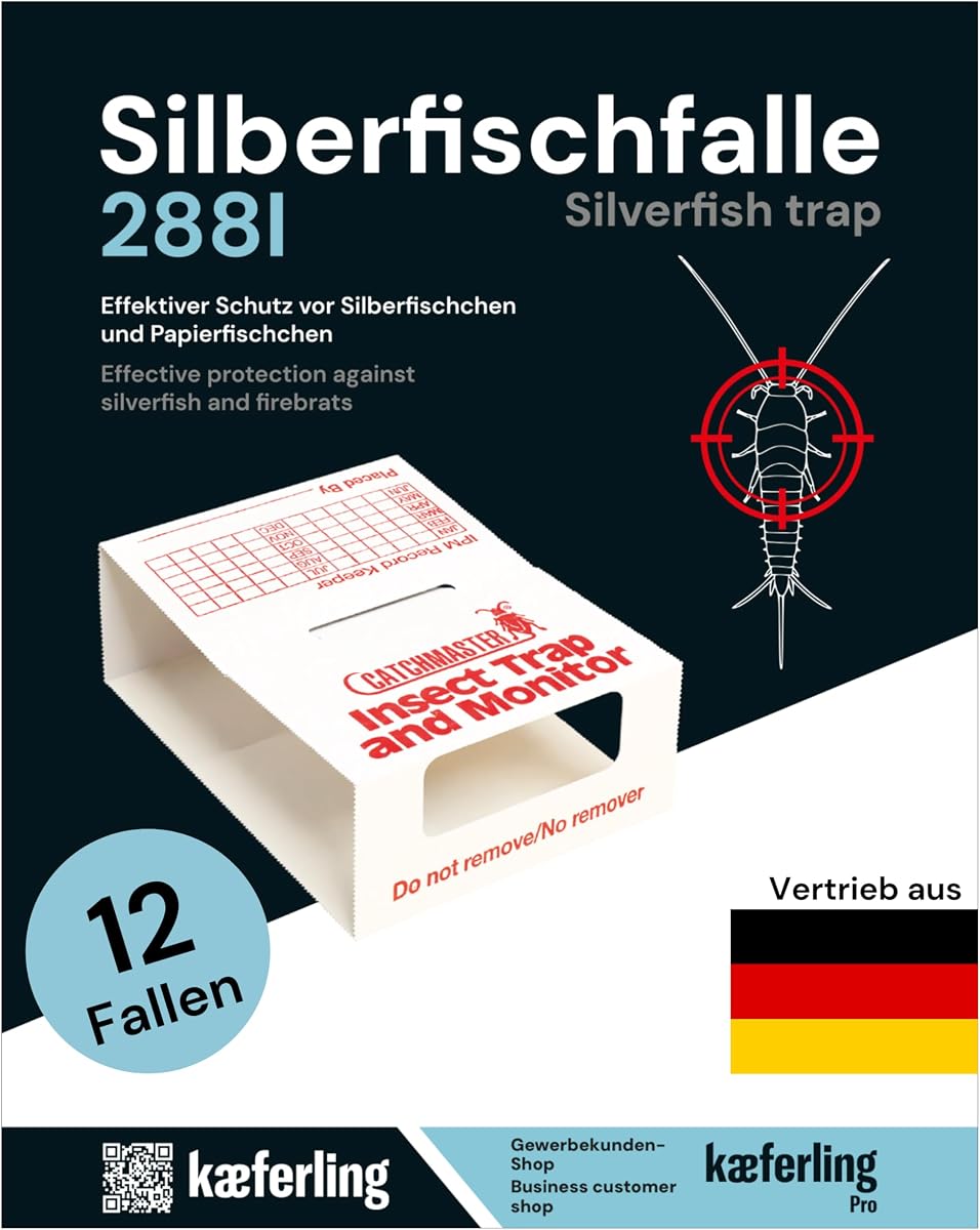 Catchmaster 288i 12x Monitoring-Klebefallen für Silberfische - 100% Giftfrei - Silberfischfalle mit Starkem Kleber - zur Befallskontrolle - 4 Blätter à 3 Fallen