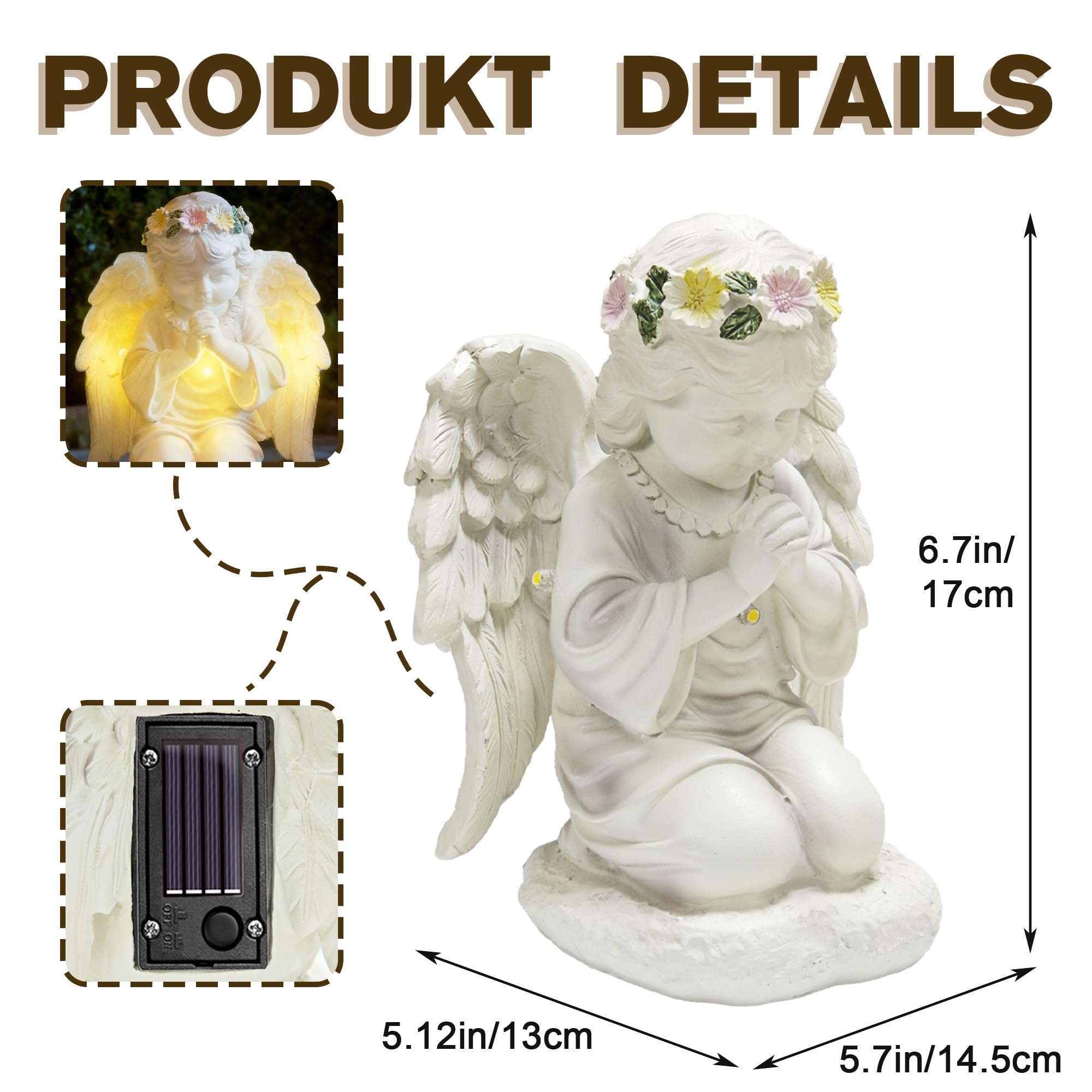 Solar Engel Figur für Grab Wetterfest Außendekoration - Gebetsvolle LED-Schutzengel-Statue mit Solarbetriebenem LED-Licht, Feenengel-Skulptur, Geeignet für Gärten, Rasenflächen, Innenhöfe, Terrassen