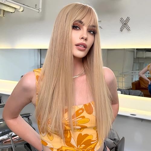 Miniatura 5 de EMMOR Peluca rubia clara con flequillo para mujer, pelucas largas y lacias, peluca Barbie sintética para niñas, cosplay y uso diario (26 pulgadas,