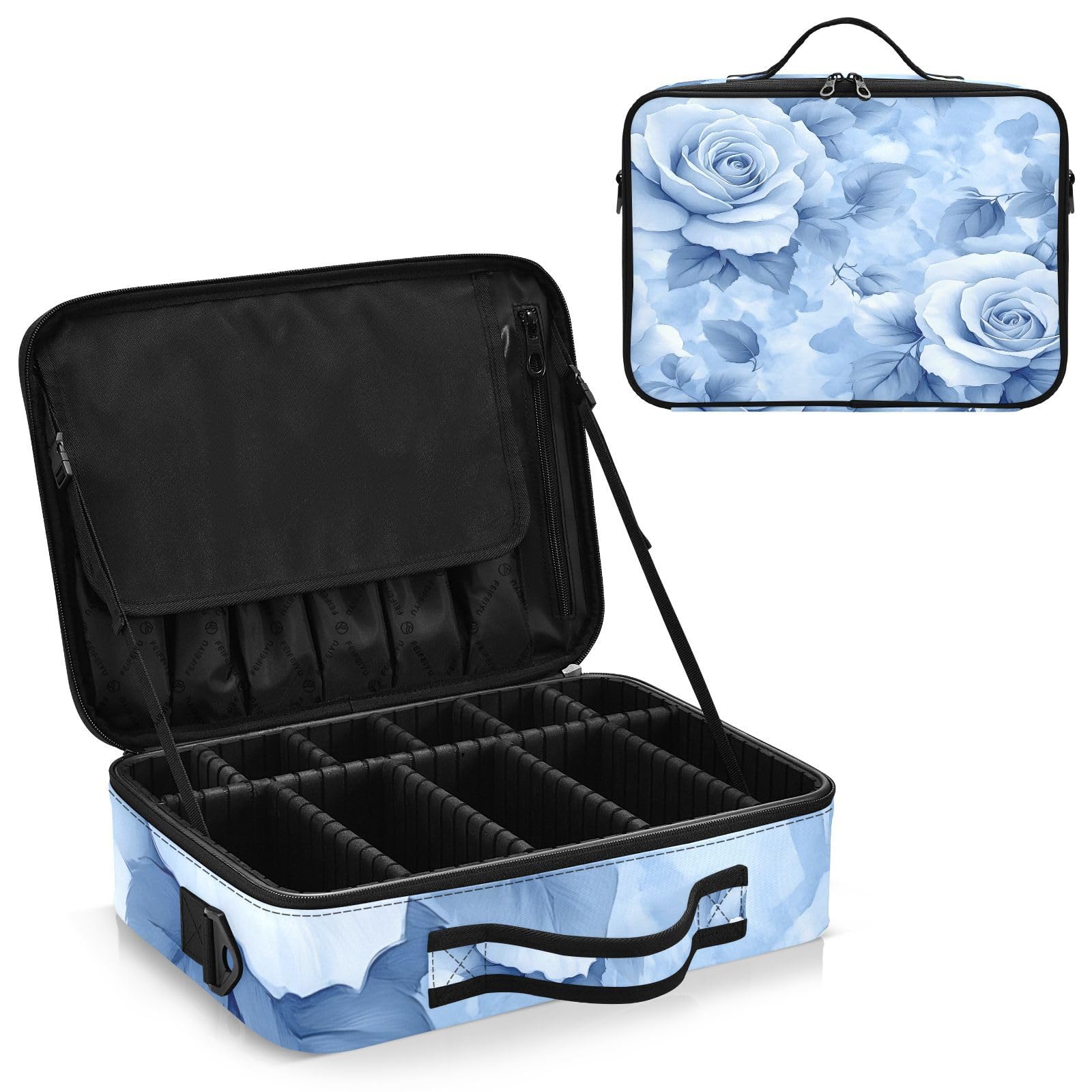 Travel Makeup Train Case Blue Flower Pattern Blue Leaves Cosmetic Organizer Portable Storage Bag with Adjustable Dividers for Cosmetics Brushes Toiletry Jewelry Digital Accessories