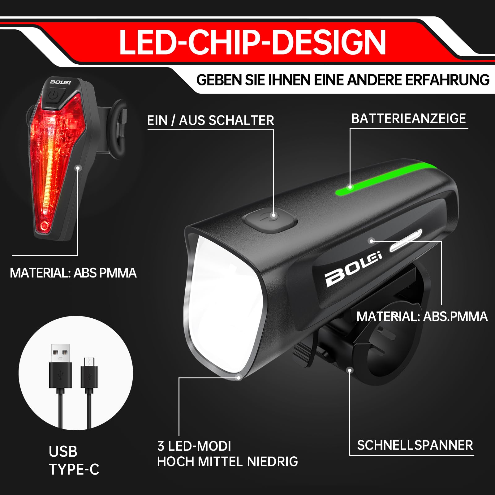 BOLEi LED Fahrradlicht Set 100 LUX| StVZO Zugelassen Fahrradlampe |Fahrradbeleuchtung USB Aufladbar | IPX5 Wasserdicht Fahrradlichter |Batterie Aufforderung