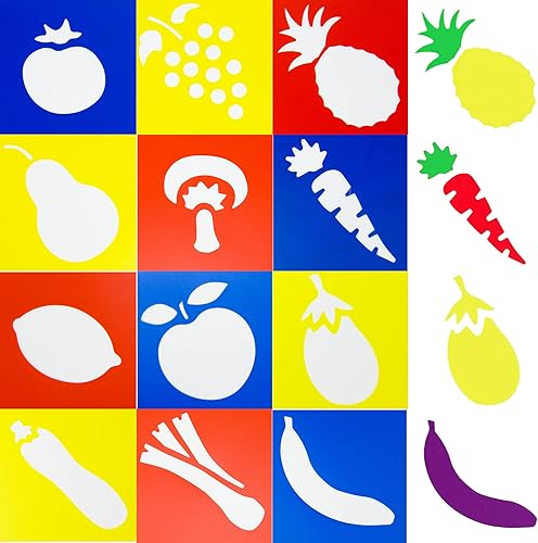 12 plantillas temáticas de frutas y verduras, plantillas de tiza reutilizables de forma primaria para niños, plantillas de dibujo lavables,