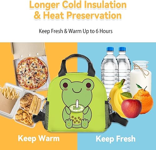 Miniatura 6 de Lonchera con diseño de rana para niños, lonchera aislada para niñas y niños, color verde, reutilizable, pequeña con correa para el hombro, para la