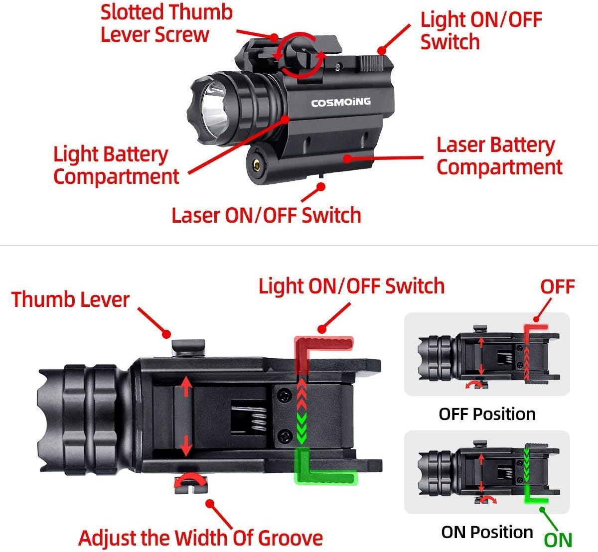 COSMOING Rail Mounted Pistol Red Laser Light Combo (Laser Sight Combo) & 600 Lumen Strobe Pistol Flashlight Rail Mount Gun Flashlight with Quick Release for Pistols Handguns,Gun Light,Pistol,Rifles : Sports & Outdoors