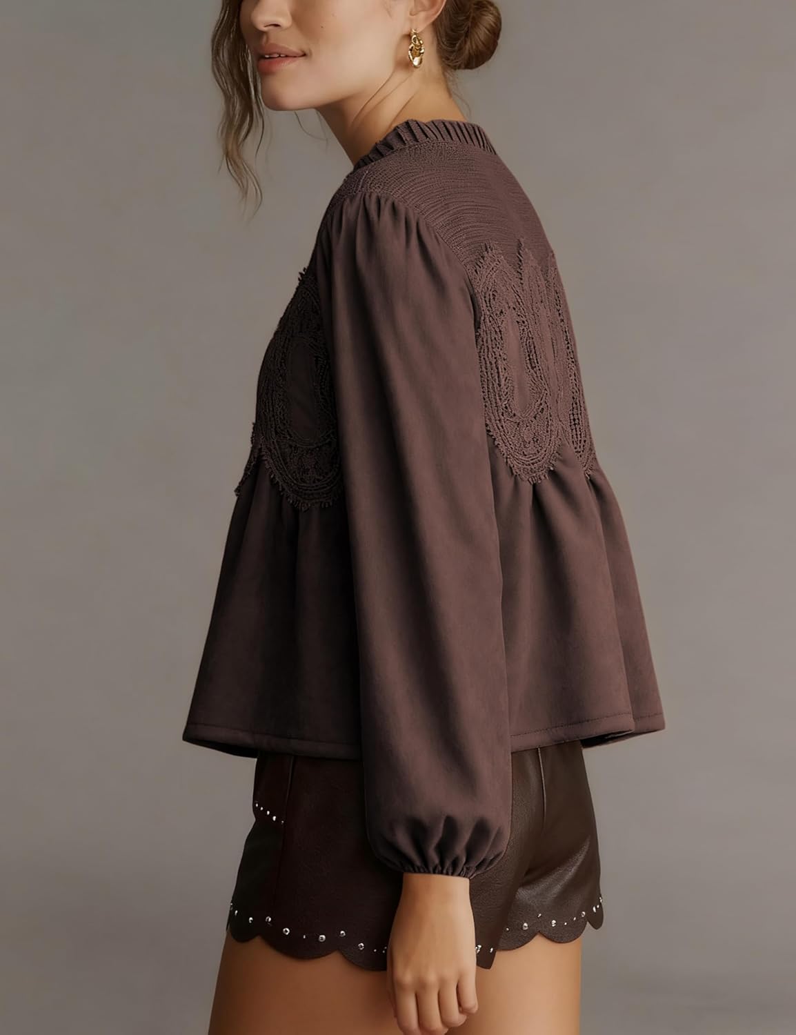 Lentta Women's Lace-Detail Suede Flared Blouse Long Sleeve Crew Neck Swing Babydoll Tops Elegant Intricate Mesh Loose Shirts - Image 2