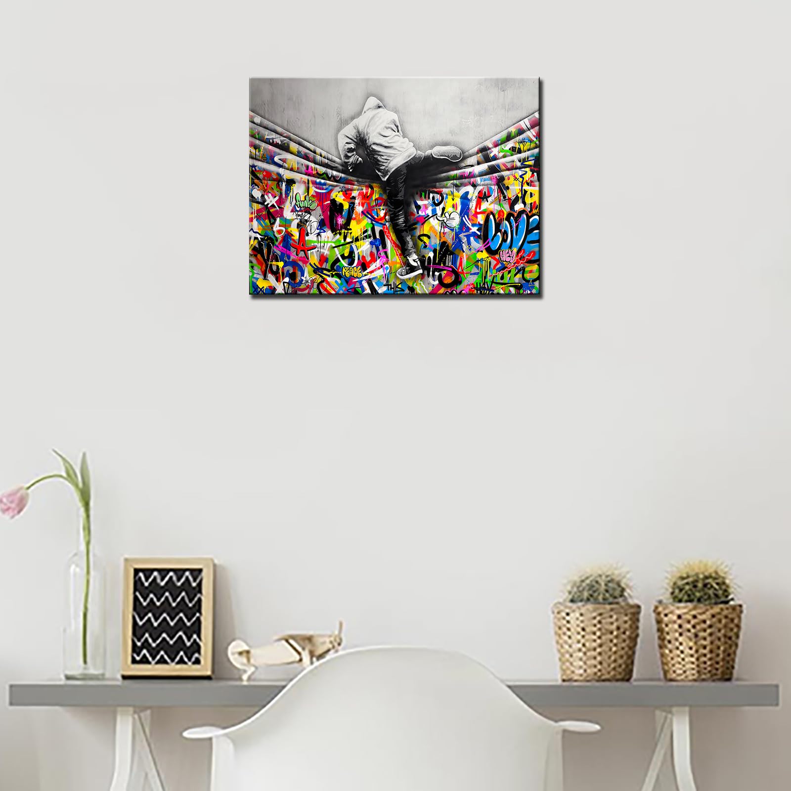 Banksy Street Art Decor Graffiti Men Paintings for Bedroom Behind the Curtain Pictures Nordics Artwork 1 Pieces Canvas Wall Art Modern Home Decor Framed Ready to Hang Poster and Prints(12''W x 16''H) - Image 3
