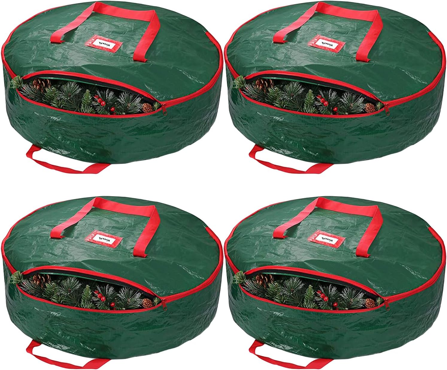 4 Pcs Christmas Wreath Storage Bag, 36-Inch Garland Holiday Container - Plastic Container for Artificial Holiday Wreaths and Garlands - Featuring Heavy Duty Handles and Card Slot (Green)