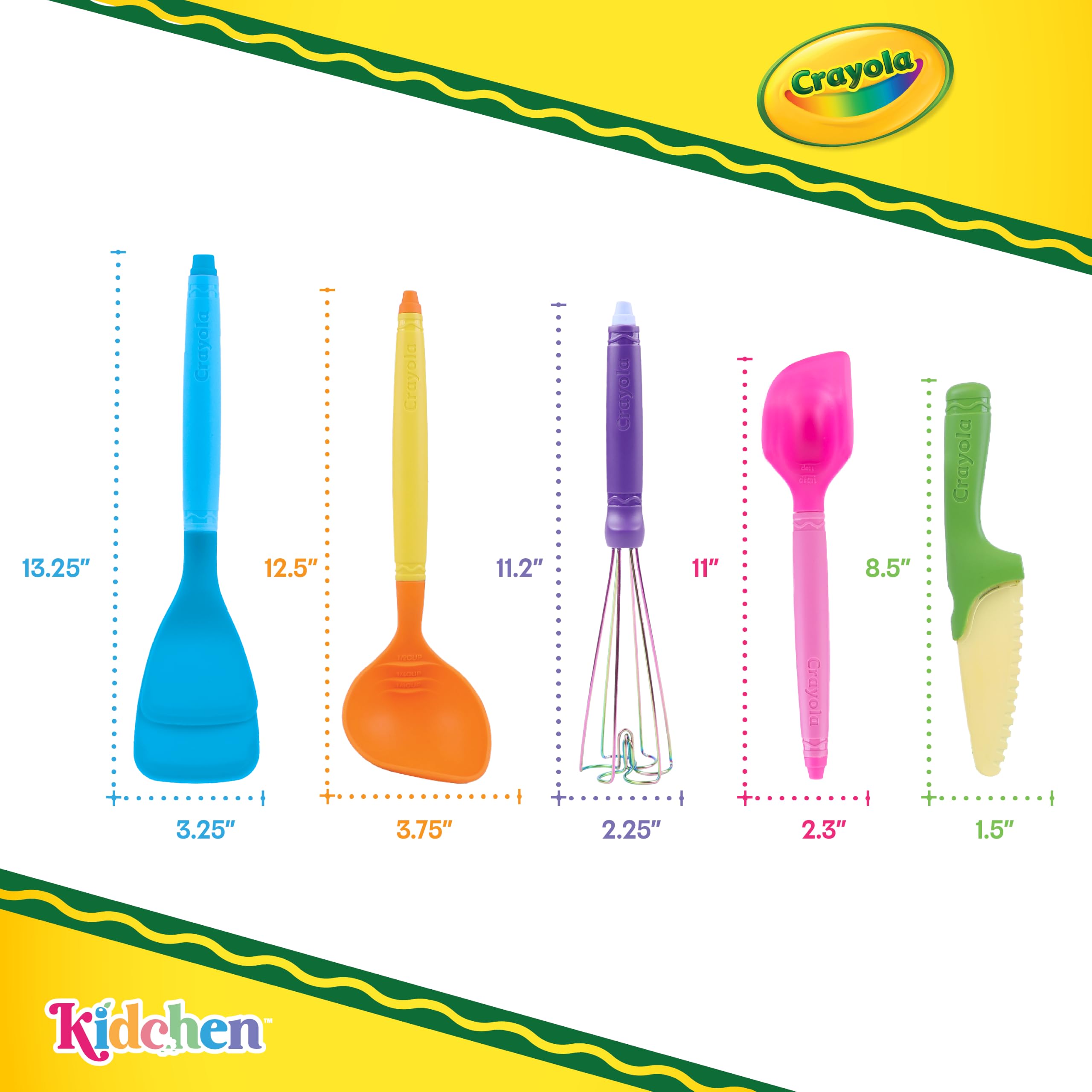 Crayola Kidchen - Set di 5 utensili da cucina creativi per bambini, con spatola 2 in 1, frusta in acciaio inox e mestolo, in silicone alimentare colorato, regalo da cucina per bambini, dai 5 anni in
