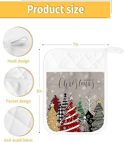 Miniatura 10 de Juego de 2 agarraderas verdes de Navidad para cocina, antideslizantes y aislantes de calor, juego de agarraderas de tela de toalla con bolsillo,