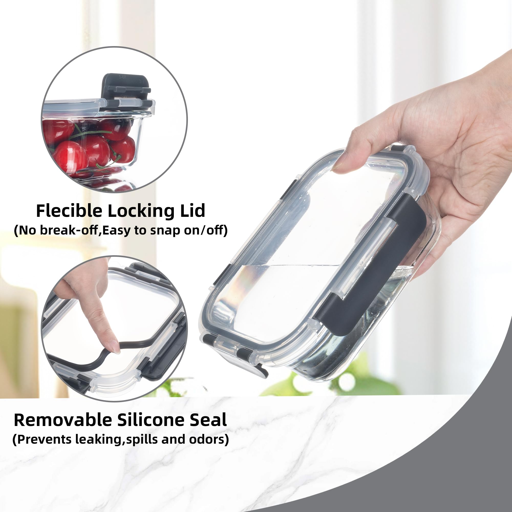10 Stück 625 ml Glasbehälter für Mahlzeiten, Frischhaltedosen mit Deckel | Luftdichte, auslaufsichere Lunchbehälter für Küche, Gefrierschrank, Mikrowelle, spülmaschinenfest (Grau)