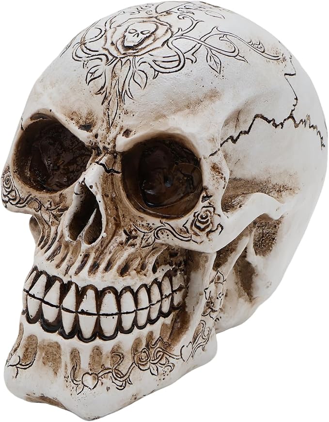 Gothic Rose Skull Statue - Life Size White Resin Skull Head Decor with Intricate Floral Carvings, Vintage Gothic Home Decor, Unique Sculpture for Desk, Bookshelf, Halloween