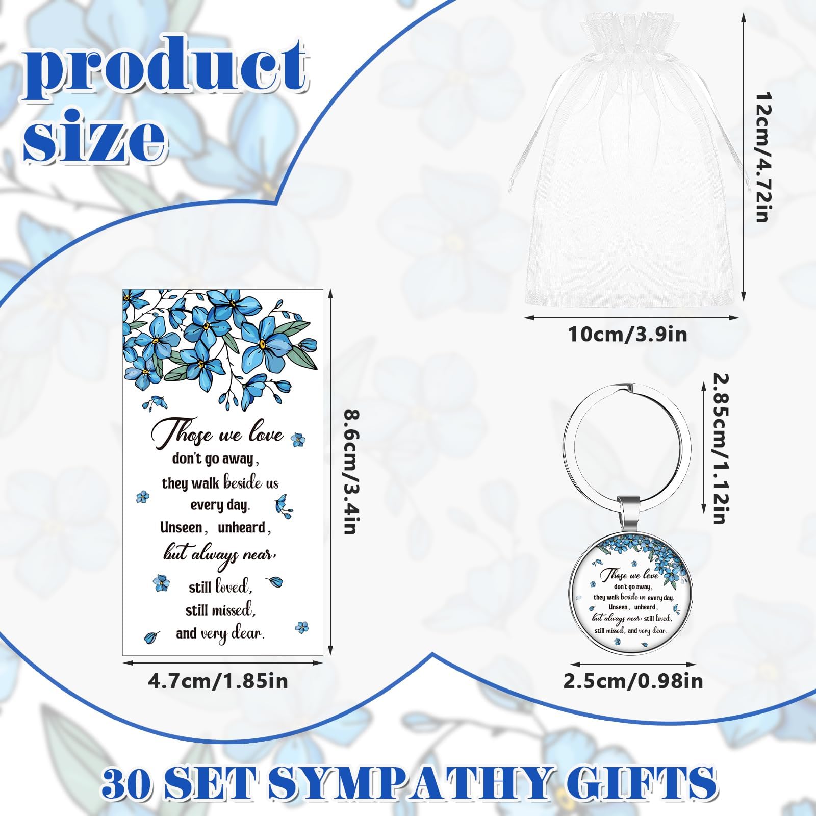 CNSJ Forget Me Not Memorial Keychain Funeral Favors with Flower Key Ring Bulk Remembrance Cards Organza Bags for Loss of Loved One Memorial Service Guests Keepsakes (30) - Image 2