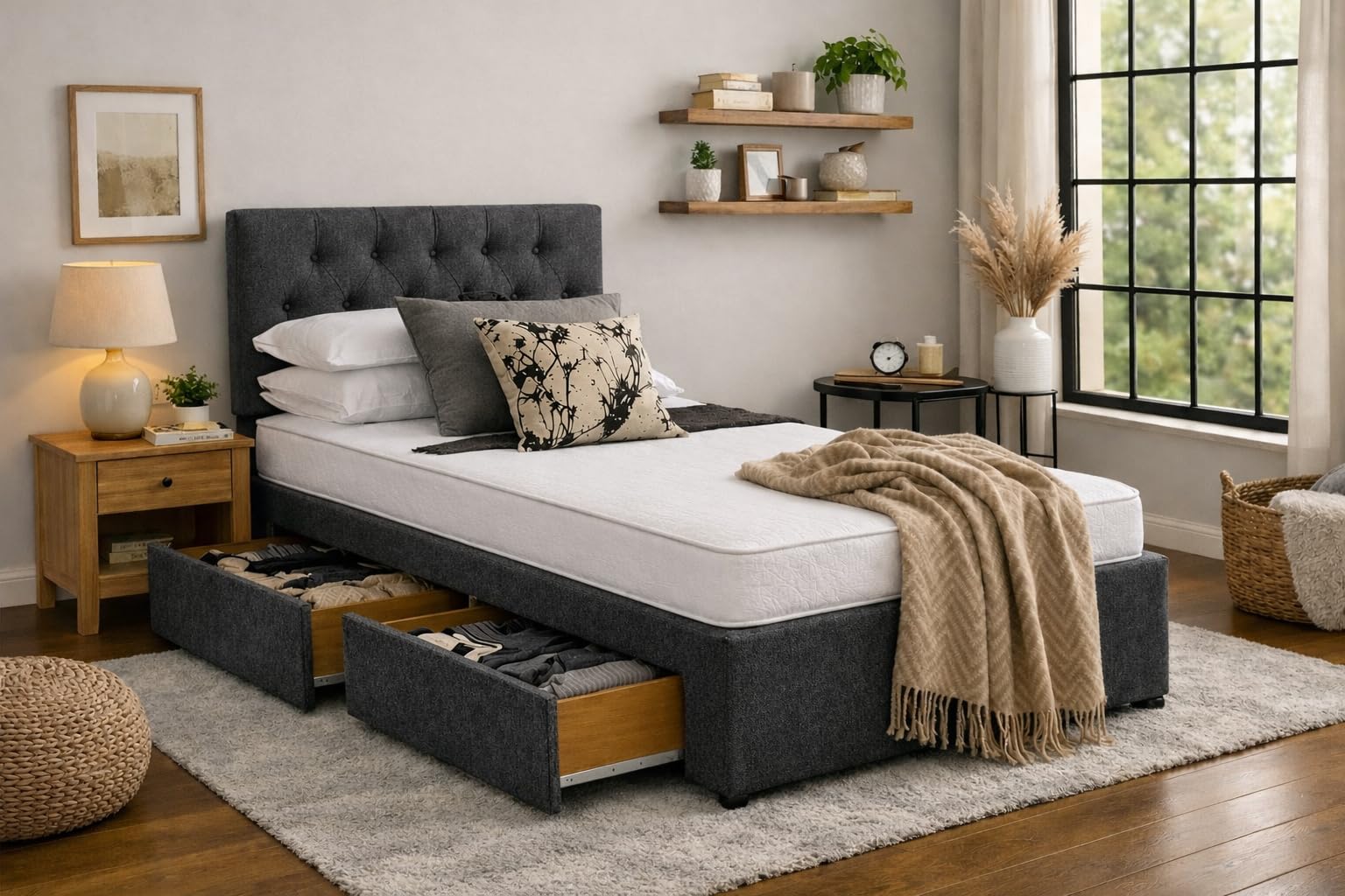 Divan Bed with Mattress | Single 3FT | Choice of Colours | 2 Storage Drawers | Toronto Headboard | Bed Frame with Mattress Included (Charcoal Chenille)