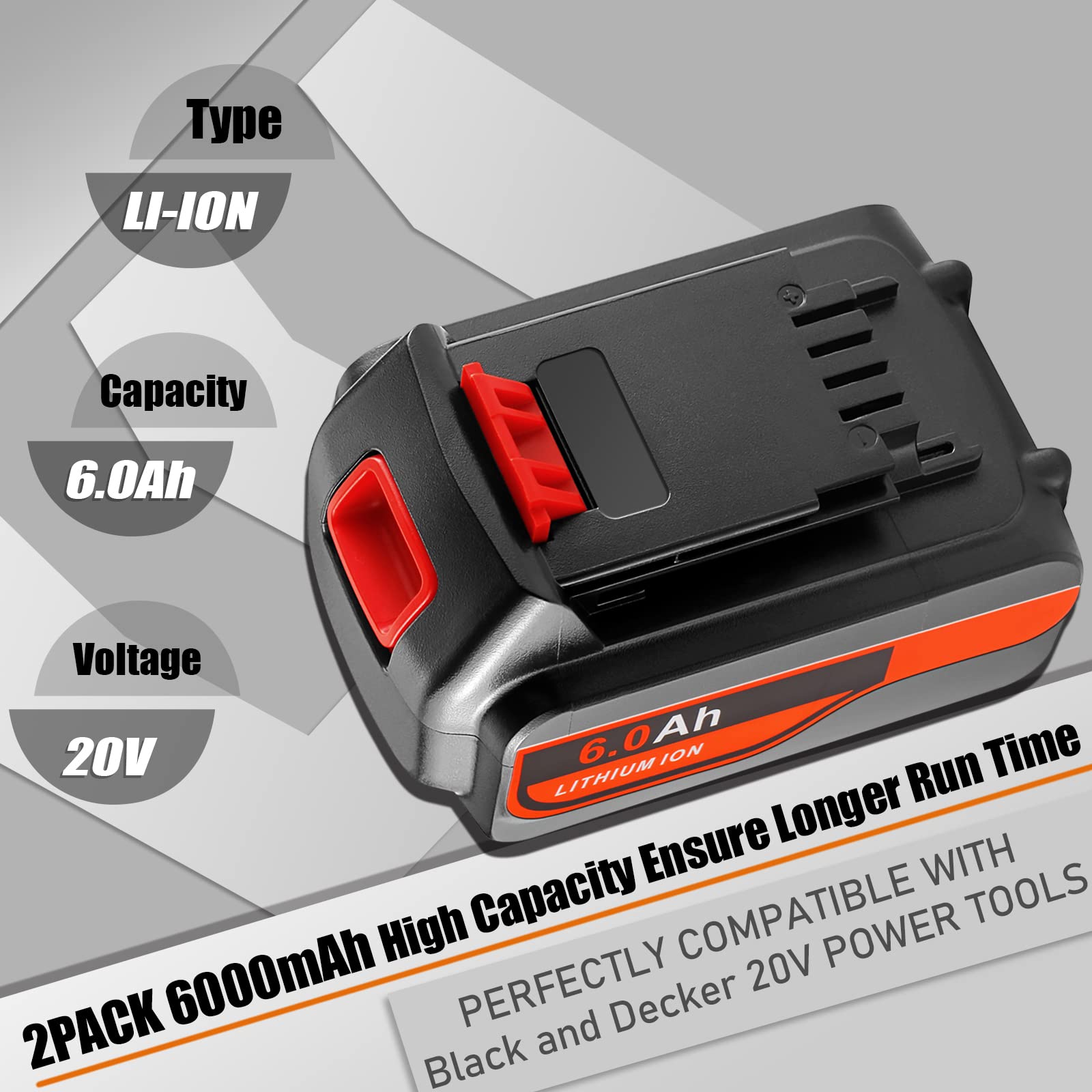 Jialitt 2Pack LBX20 6.0Ah Replacement Battery for Black and Decker 20V Lithium Battery Max 20 Volt LB20 LBXR20-OPE LCS20 LBX20 LBX4020 LB2X4020-OPE Black and Decker Battery