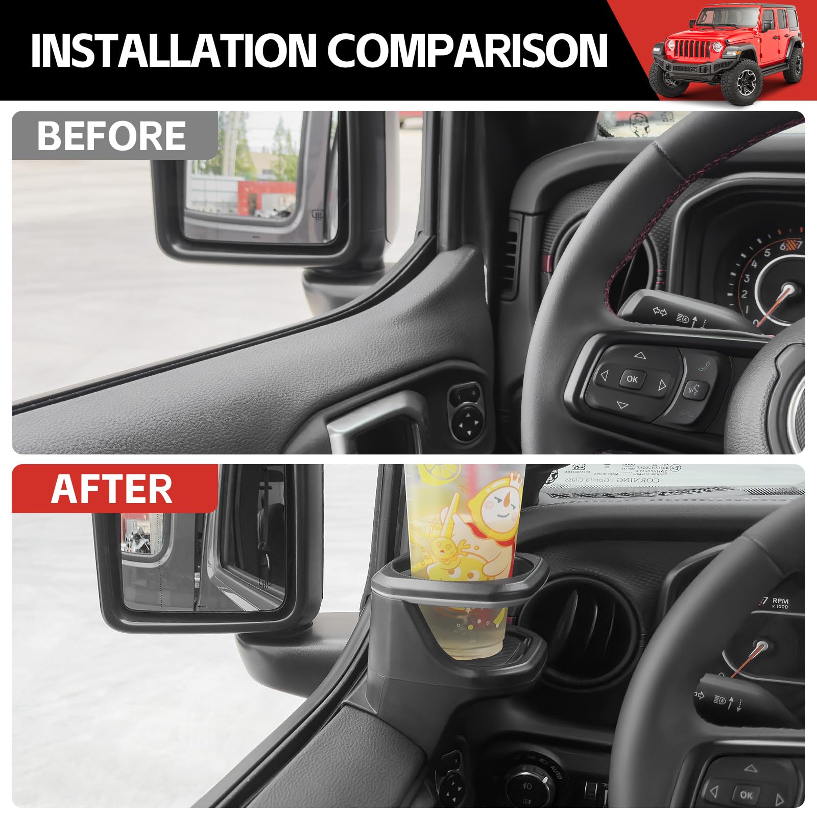 Utiiy Cup Holder Fit for 2018-2024 Jeep Wrangler JL JLU 4XE/Gladiator JT Accessories, Left&Right Door Cup Holders for Jeep Gladiator 2020-2024&Jeep Wrangler 2018-2024(Front Row, Left+Right)