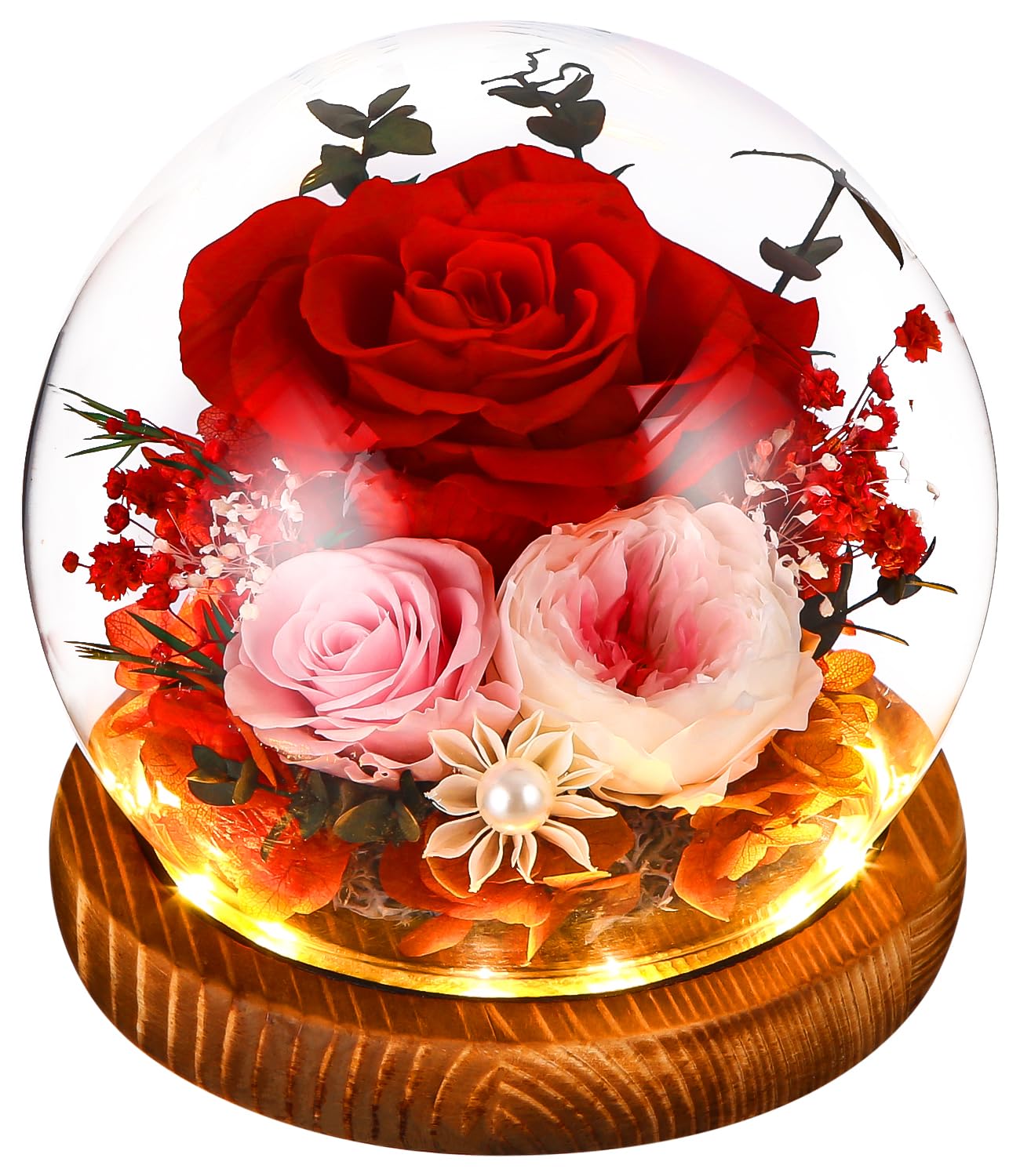 Rose éternelle Sous Cloche En Verre Avec Base En Bois - Fleur Préservée, Lumière LED - Décoration Romantique, Cadeau Anniversaire