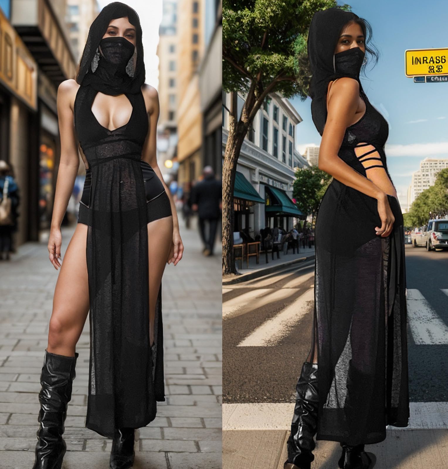 Abito da donna in stile gotico, con collo alto, senza maniche, con spacco alto, con cappuccio, EDM Music Festival Outfits