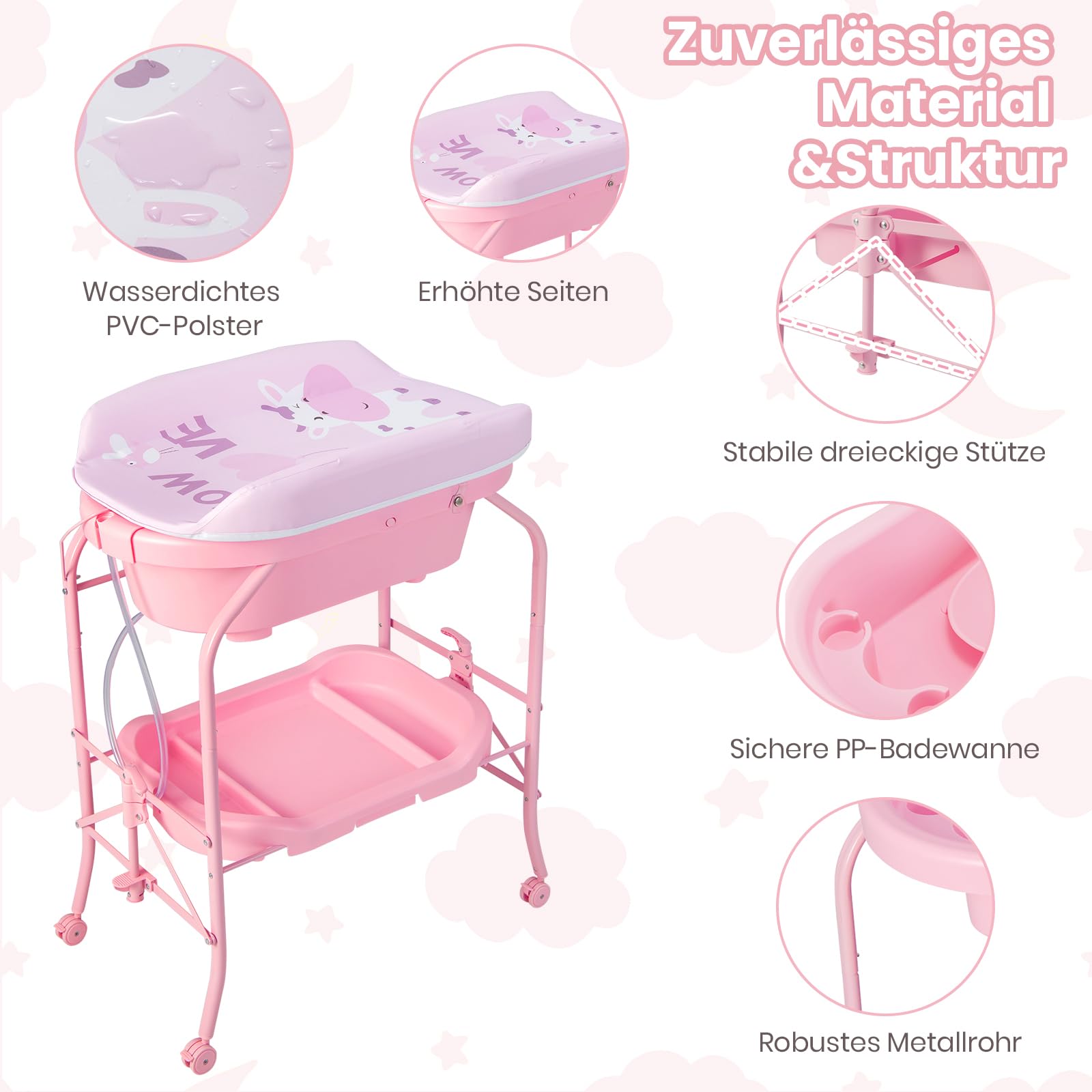 COSTWAY 4 in 1 Wickeltisch klappbar mit Badewanne, tragbare Wickelkommode mit Wickelauflage, mobile Wickelstation mit Universalrädern für 0-12 Monate Baby, bis 35 kg belastbar (Rosa)