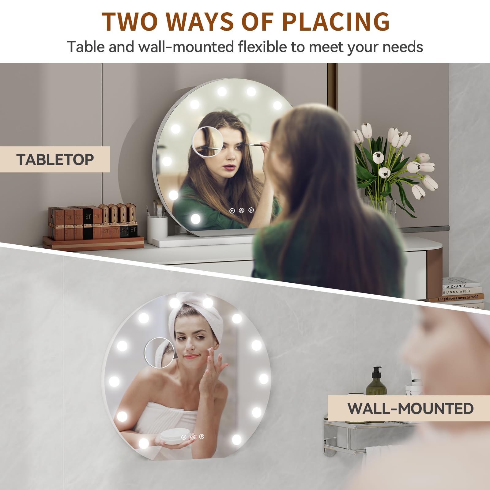 Hollywood Vanity - Specchio cosmetico rotondo con luci, 50 cm, specchio per il trucco con 12 lampadine LED dimmerabili, porta di uscita USB, 3 modalità di illuminazione, da tavolo e da parete
