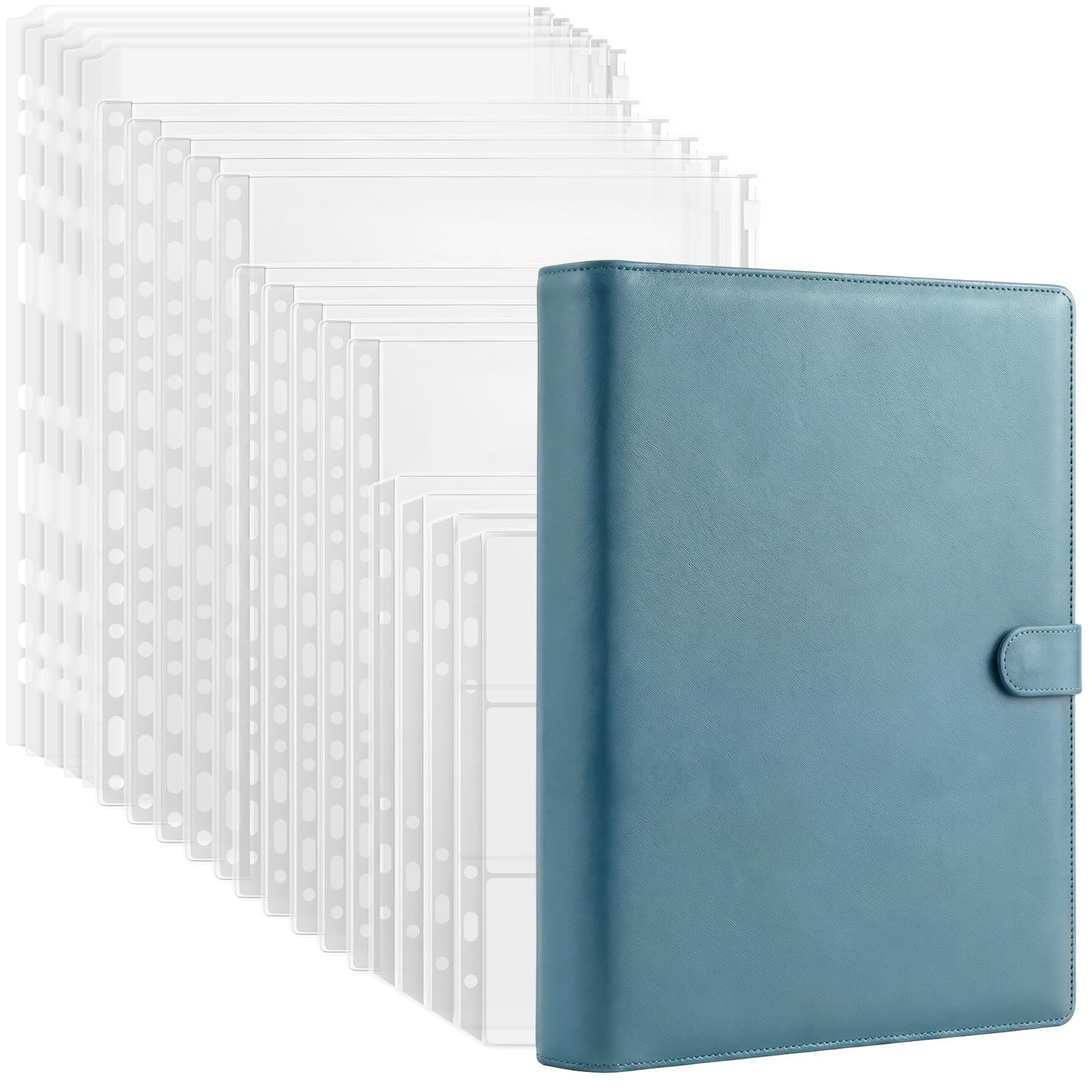 A4 Ring Binder Display Folders, 4 Ring Binder Presentation Folders Storage Book, Leather Folder Waterproof Pockets Organizer with 19 PCS Mix Zipper Binder Pouch Folders for Important Documents&Cash-B