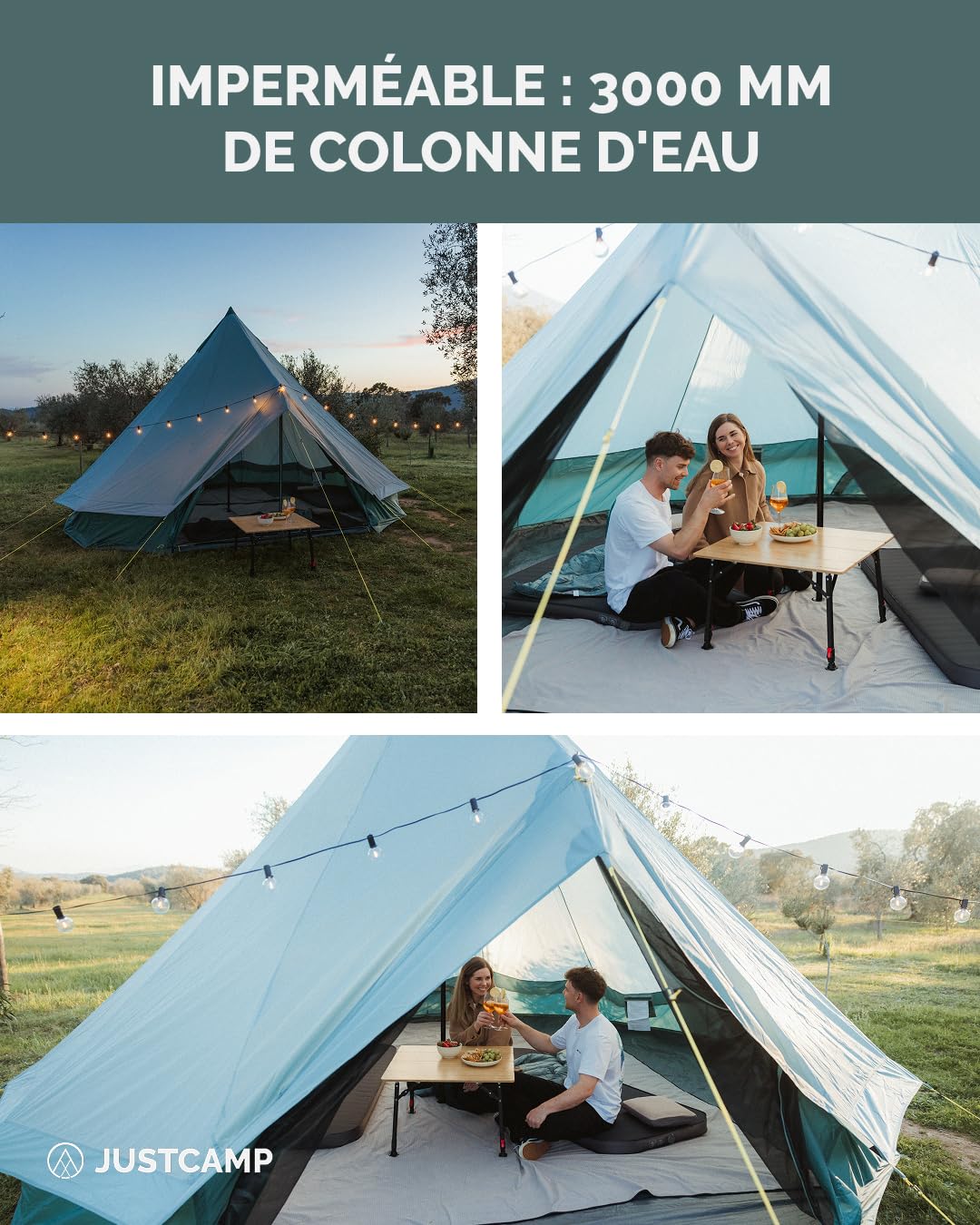 JUSTCAMP Bell 8 Tipi Tente - Tente de Camping extérieure 8 Personnes/Places (Jusqu’à 10), 4 Saisons, familiale, imperméable, Premium XXL géante - 4 x 4 x 2,5 m - 12,5kg - Menthe