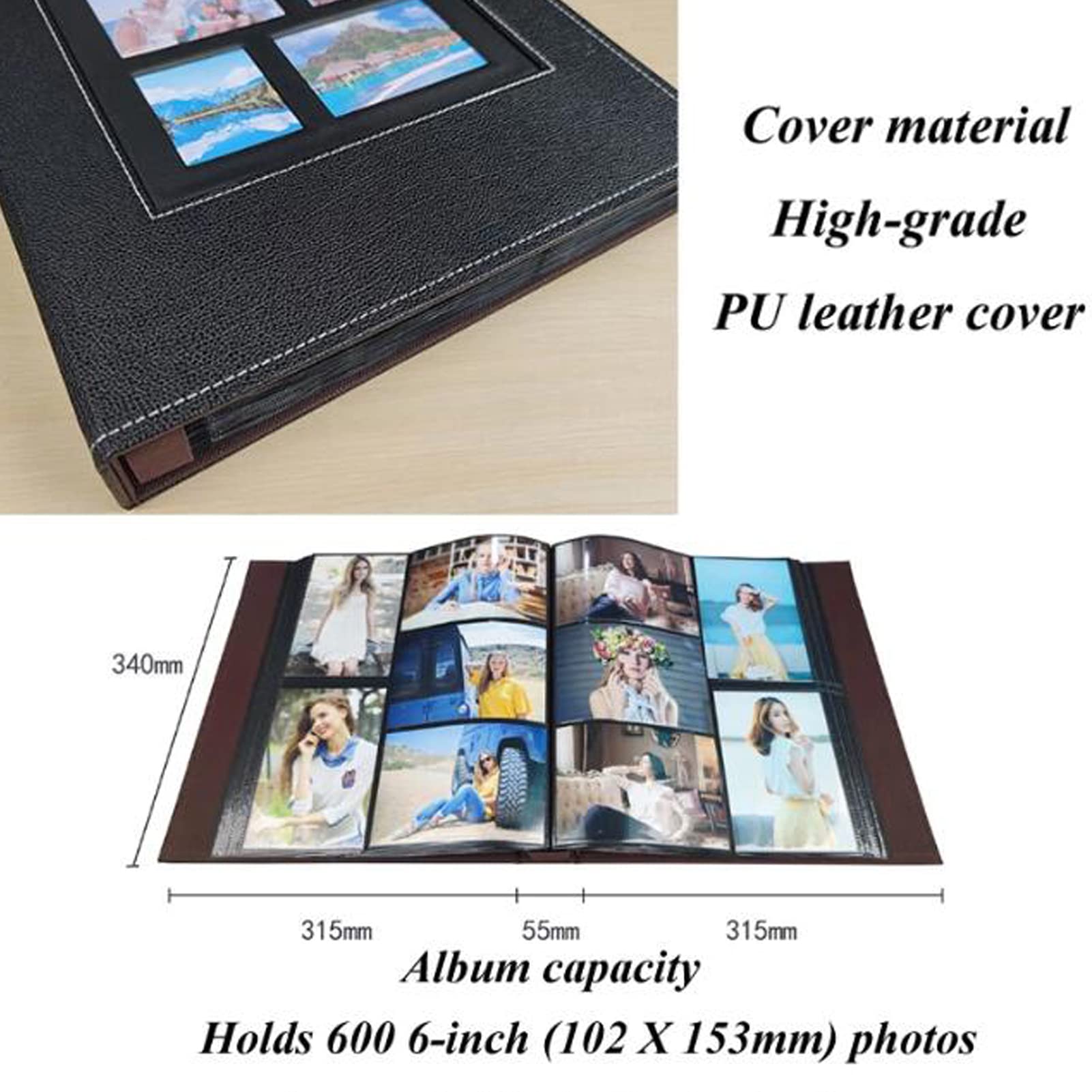 Album photo de 15,2 cm avec couverture en cuir - Grande capacité - 600 pochettes - Album photo pour famille, mariage, vacances