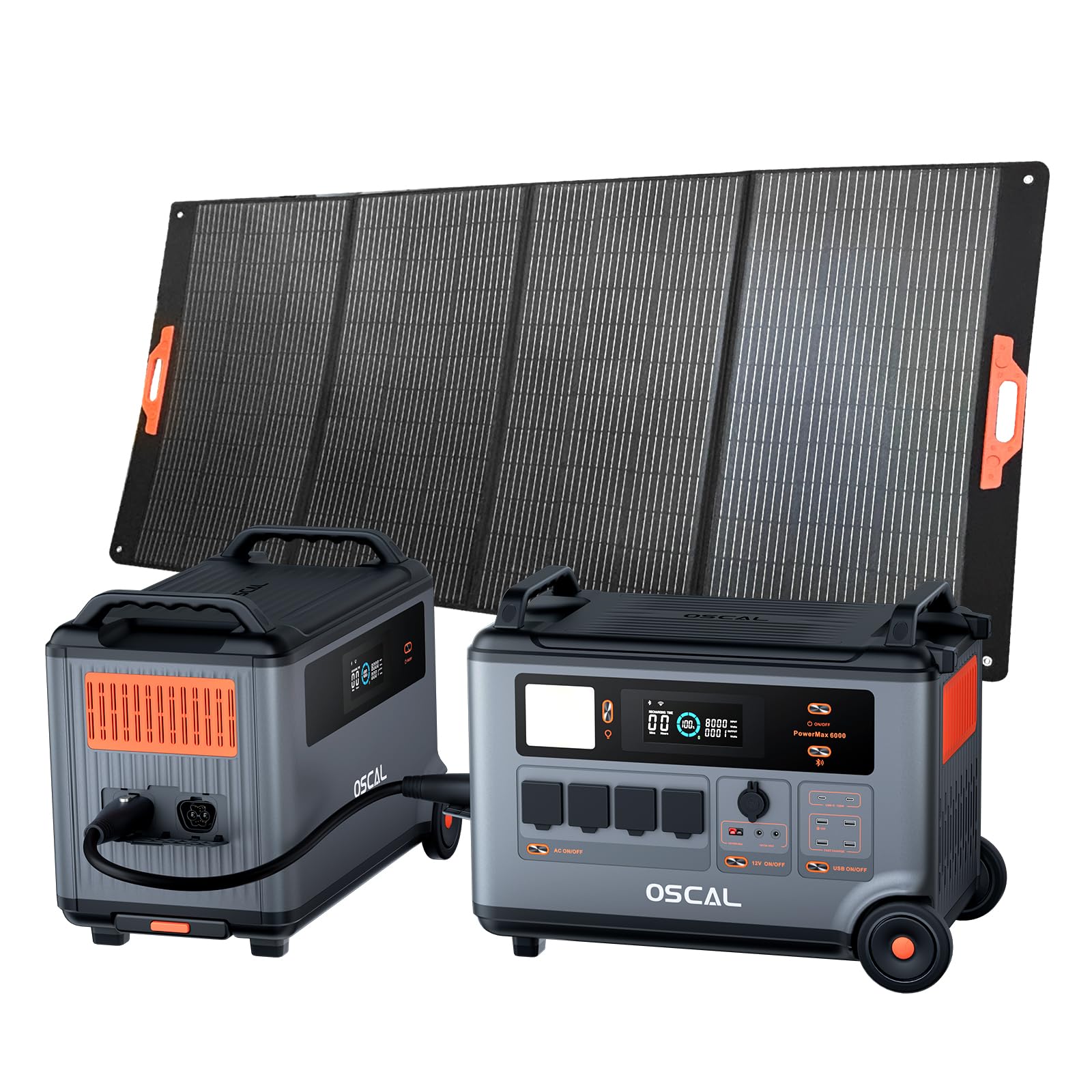 OSCAL Power Station PM6000+BP6000+PM400, 6000W Generador Solar Portátil, Batería LiFePO4 de 3600 WH, Incluye un Panel Solar de 400W y una batería Adicional de 3600 Wh.