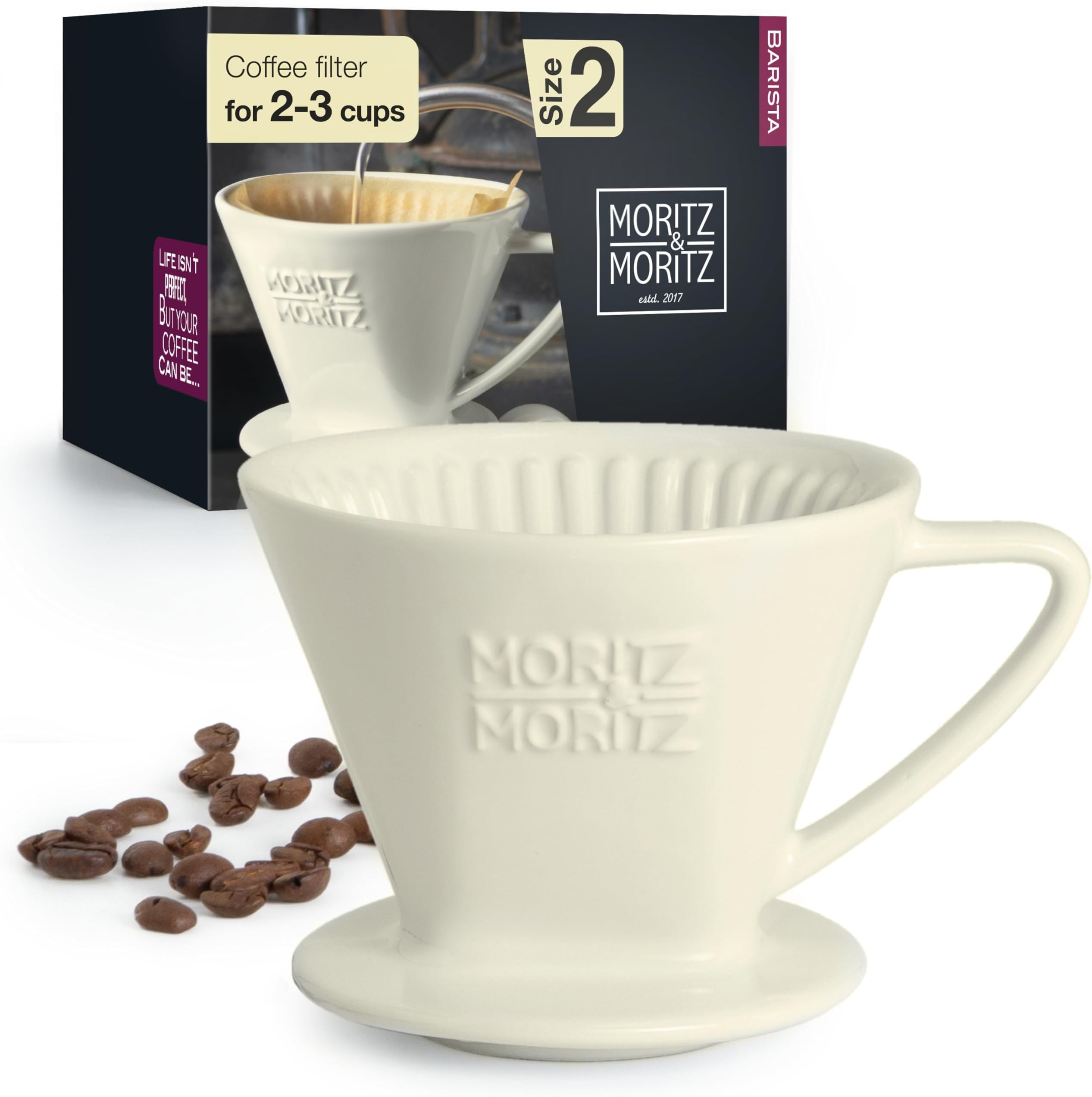 Caffé Italia Coffee Dripper Ceramic Size 2 - Excellent aromatic Coffee Flavour - Coffee Filter for 2-3 Cups - Coffee Filter Cone Porcelain in White