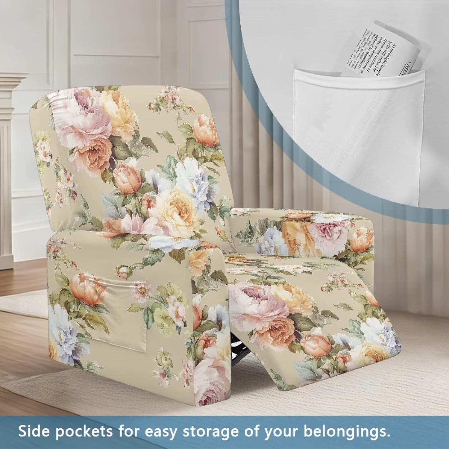 Peony Flowers Recliner Chair Covers Slipcovers Floral Sofa Slipcover for Reclining Chairs Protector Washable Stretchy Reclining Couch Covers with Pocket for Home Decoration