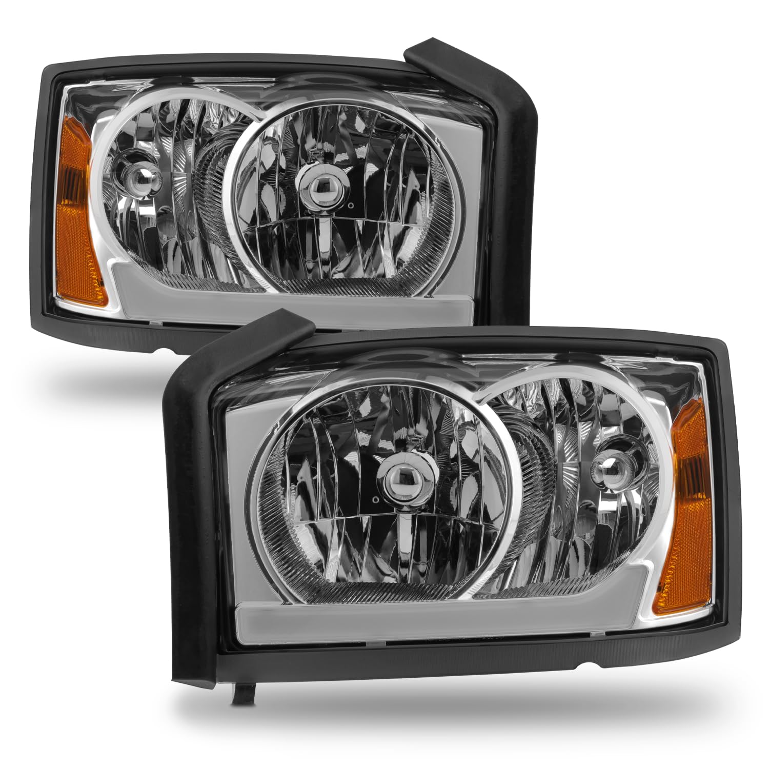 AKKON - Fits 2005 2006 2007 Dodge Dakota Chrome Headlights Pair Driver Left+Passenger Right w/LED Tube DRL Running