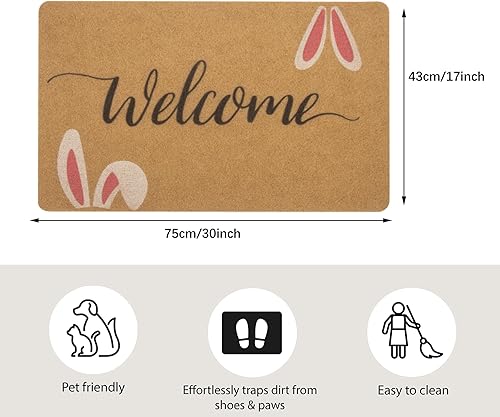 Miniatura 2 de HinyBoeh Felpudo de bienvenida de conejo para Pascua, tapete de puerta de fibra de coco artificial con respaldo antideslizante para decoración del