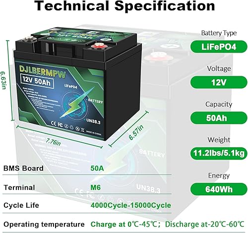 Miniatura 3 de DJLBERMPW LiFePO4 Battery 12V 50Ah Lithium Battery, Built-in 50A BMS,4000+ Lithium Deep Cycle Marine Battery 12V, Lithium Batteries 12V for
