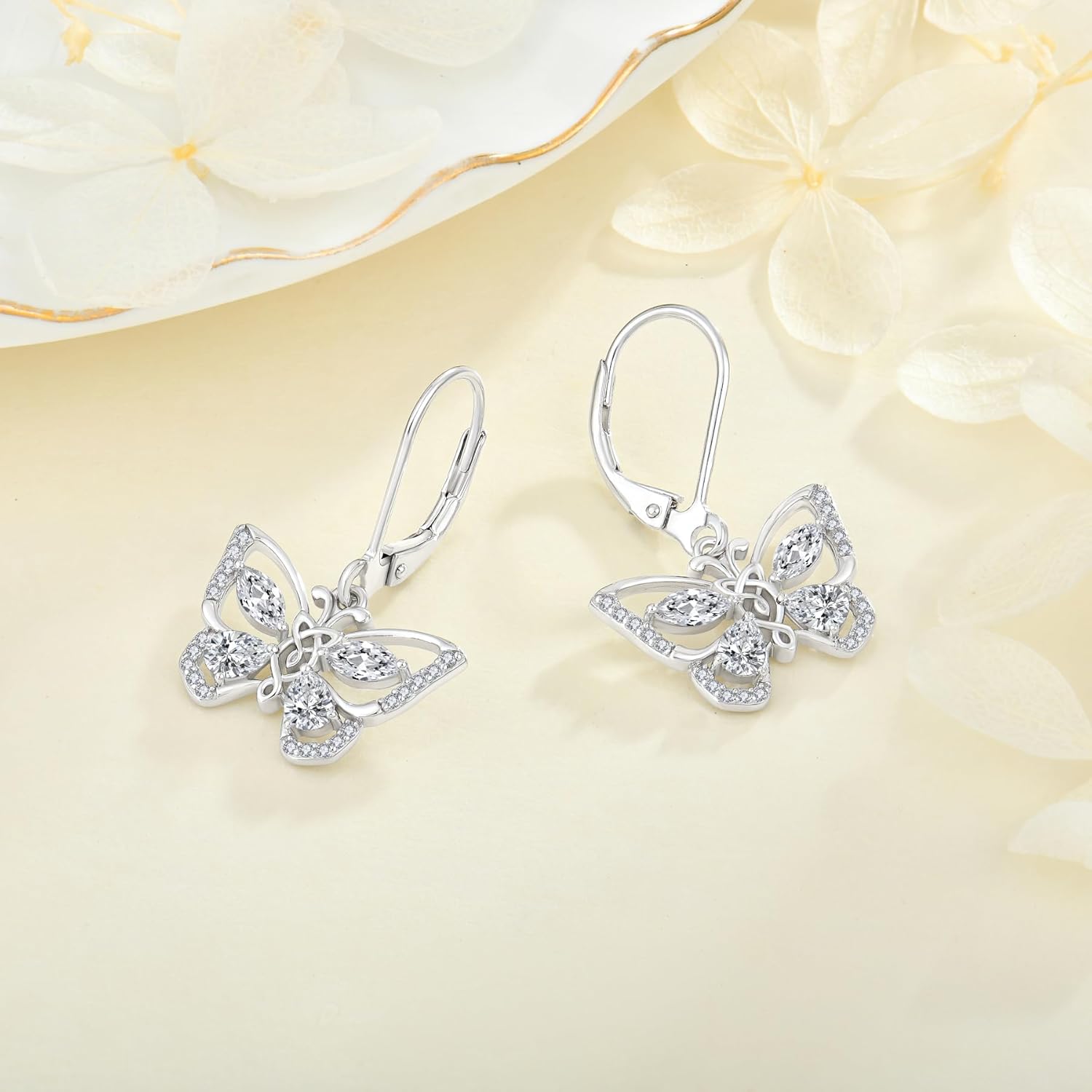 Butterfly Earrings Leverback Earrings for women Butterfly Birthstone Jewelry 925 Sterling Silver 5A Cubic Zirconia Celtic Knot Earrings for her