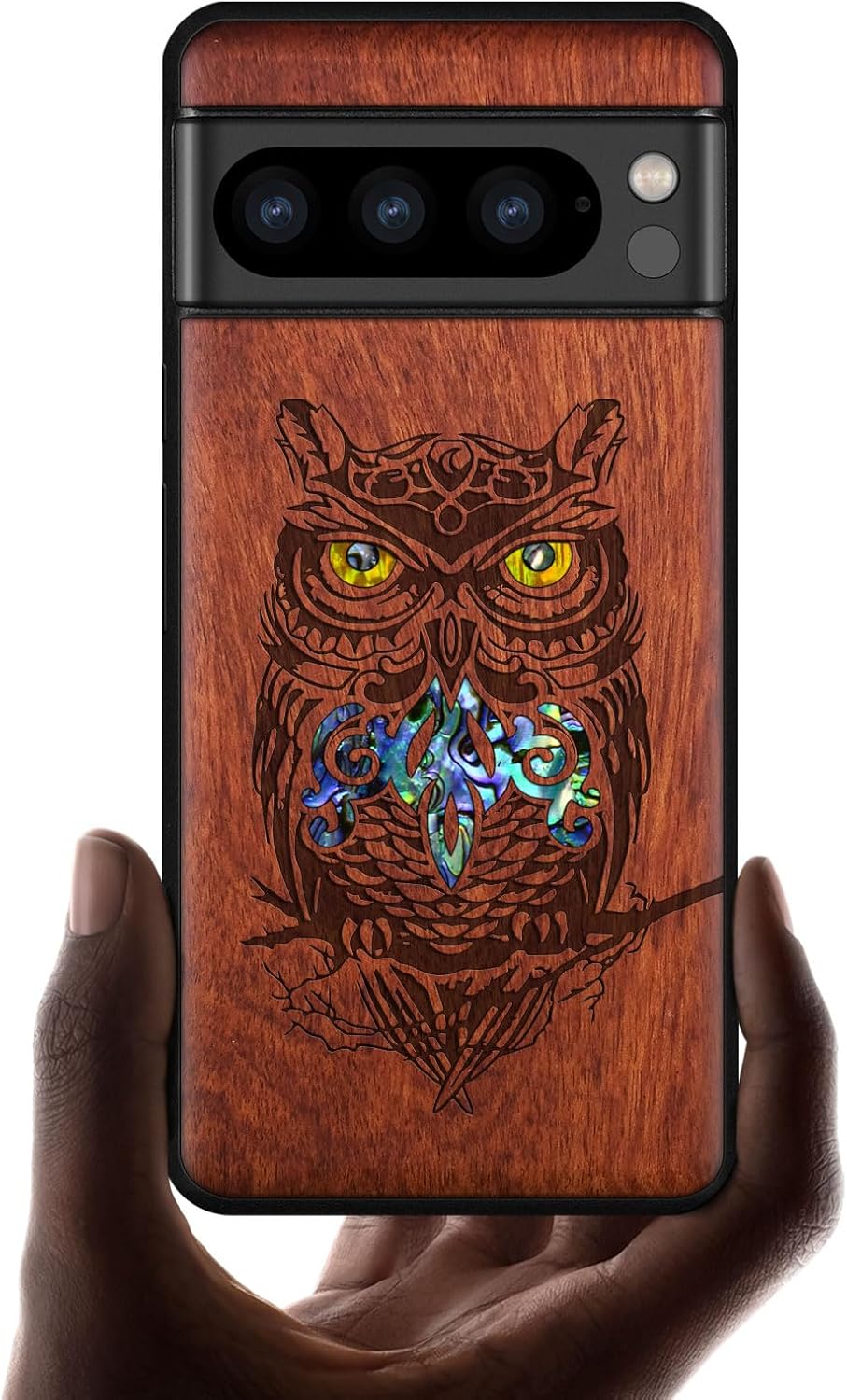 Carveit Designer Wooden Case for Google Pixel 8 Pro Case Cover [Wood Engraving & Shell Inlay] Compatible with Wireless Chargers Pixel 8 Pro (an Owl Perched on a Branch-Rosy)