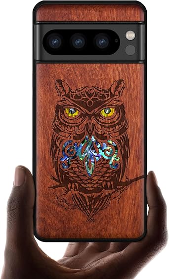 Carveit Designer Wooden Case for Google Pixel 8 Pro Case Cover [Wood Engraving & Shell Inlay] Compatible with Wireless Chargers Pixel 8 Pro an Owl Perched on a Branch-Rosy