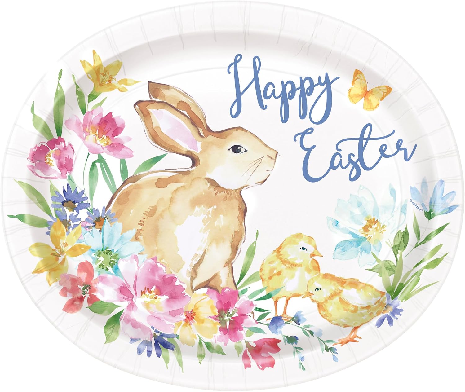 HOME & HOOPLA Classic Easter Bunny & Chick Colorful Floral Oval Paper Dinner Plates and Napkins (Serves 16)